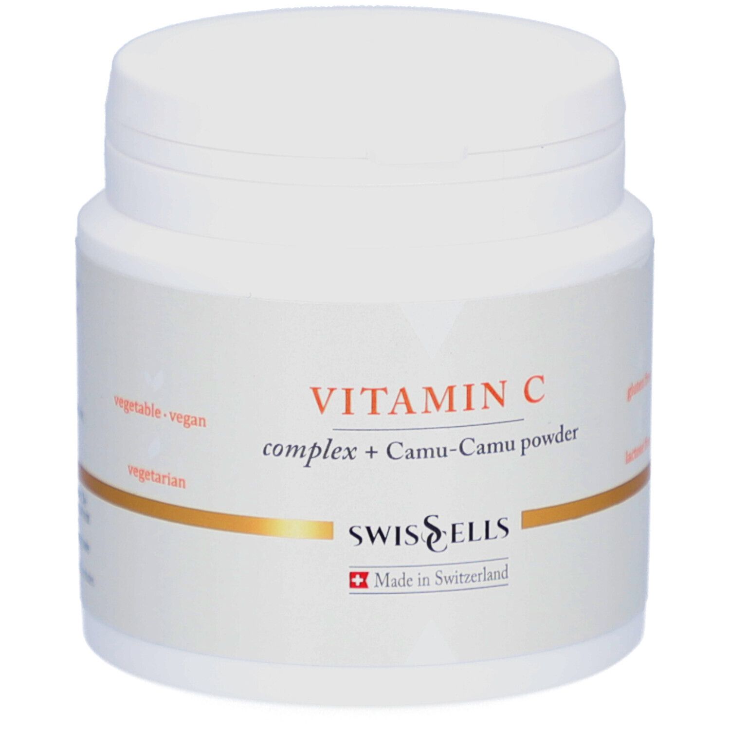 Weißes Produktglas mit Deckel. Aufschrift: Vitamin C complex + Camu-Camu powder. Marke: Swisscells. Hergestellt in der Schweiz.