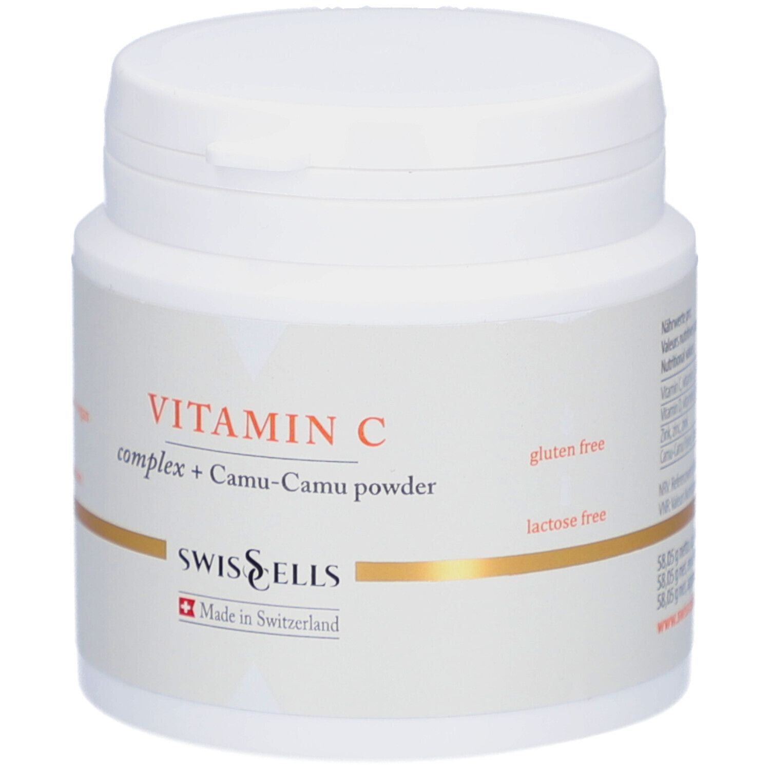 Weißes Produktglas mit Deckel. Aufschrift: Vitamin C complex + Camu-Camu powder. Marke: Swisscells. Glutenfrei, laktosefrei.