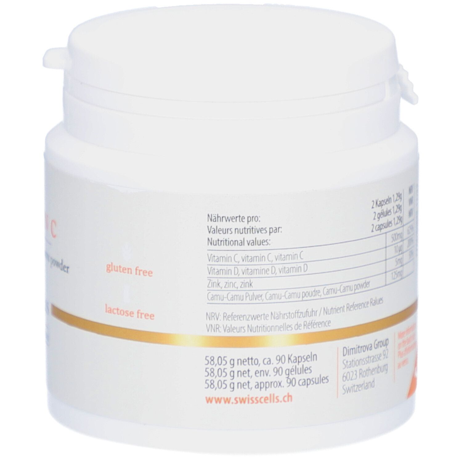Rückseite des Produktglases. Text: Nährwertangaben, Zutaten. Adresse: Dimitrova Group, Schweiz. www.swisscells.ch