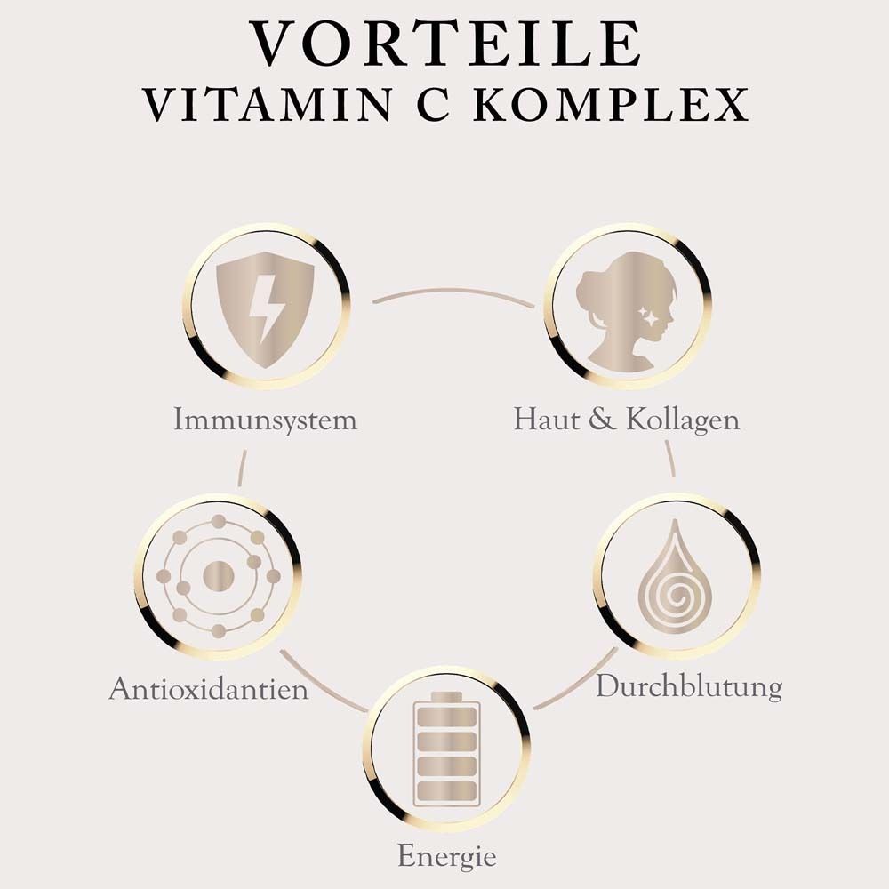 Grafik mit Kreisen. Themen: Immunsystem, Haut & Kollagen, Antioxidantien, Durchblutung, Energie. Goldfarbene Elemente.