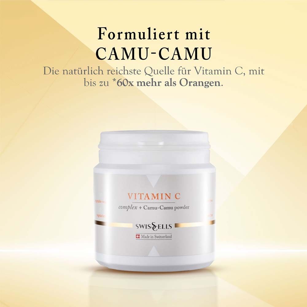 Weißes Produktglas. Text: Formuliert mit CAMU-CAMU. Natürliche Quelle für Vitamin C, bis zu *60x mehr als Orangen.