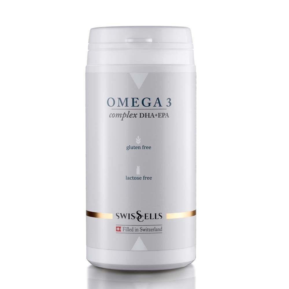 Flacon blanc Omega 3 Complex. Inscription: Omega 3 complex DHA+EPA, sans gluten, sans lactose. Marque: Swisscells.