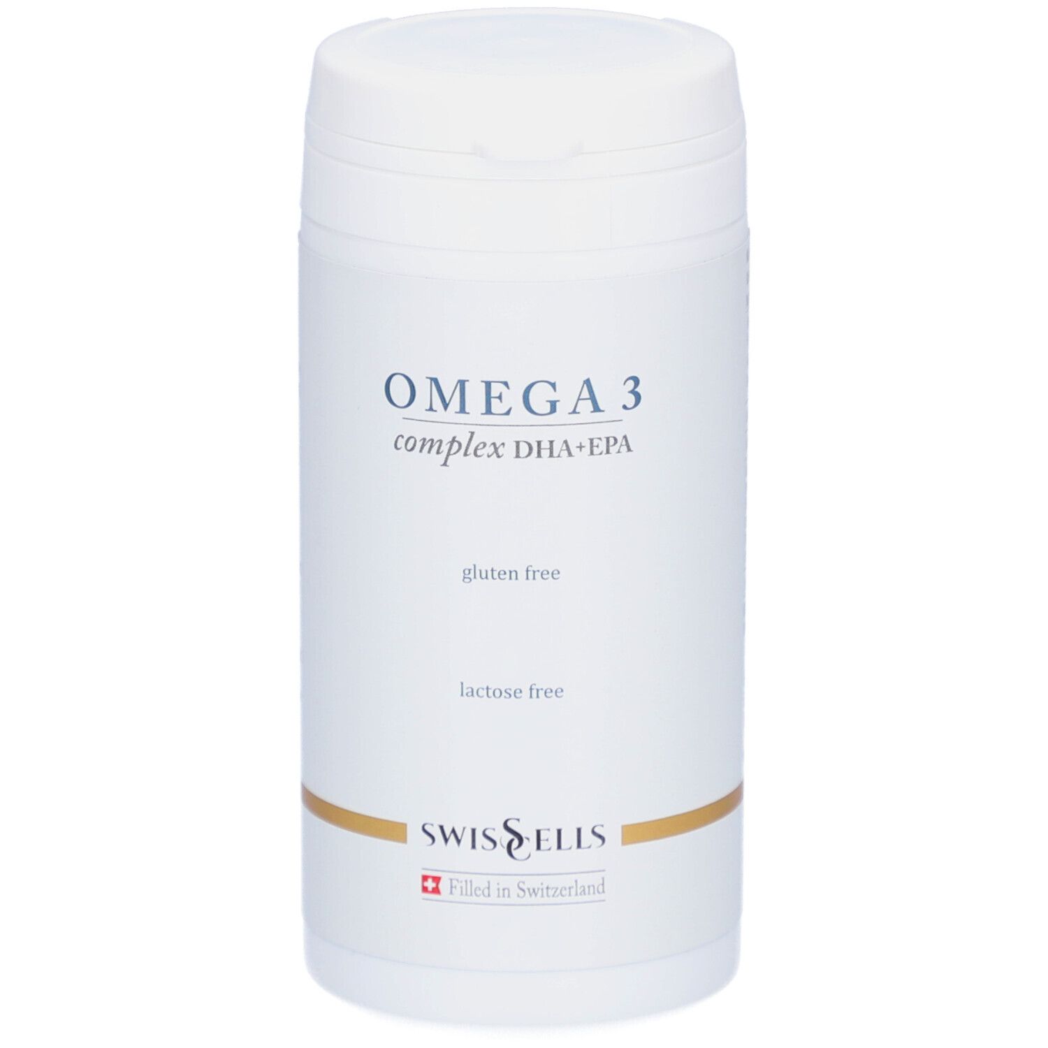 Flacon blanc Omega 3 Complex. Inscription: Omega 3 complex DHA+EPA, sans gluten, sans lactose. Marque: Swisscells.