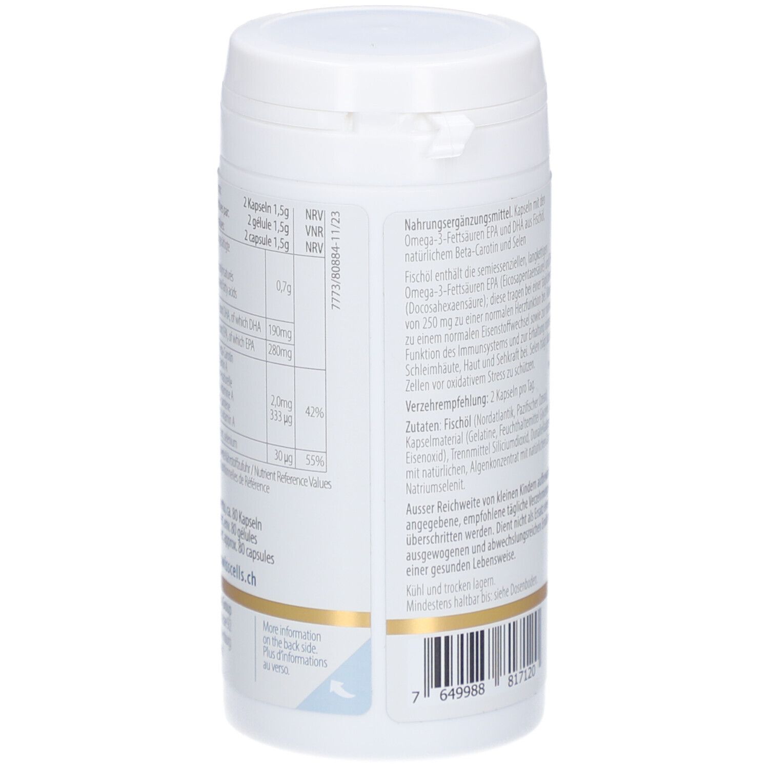 Flacon blanc Omega 3 Complex. Inscription: Omega 3 complex DHA+EPA. Dos avec texte et code-barres.