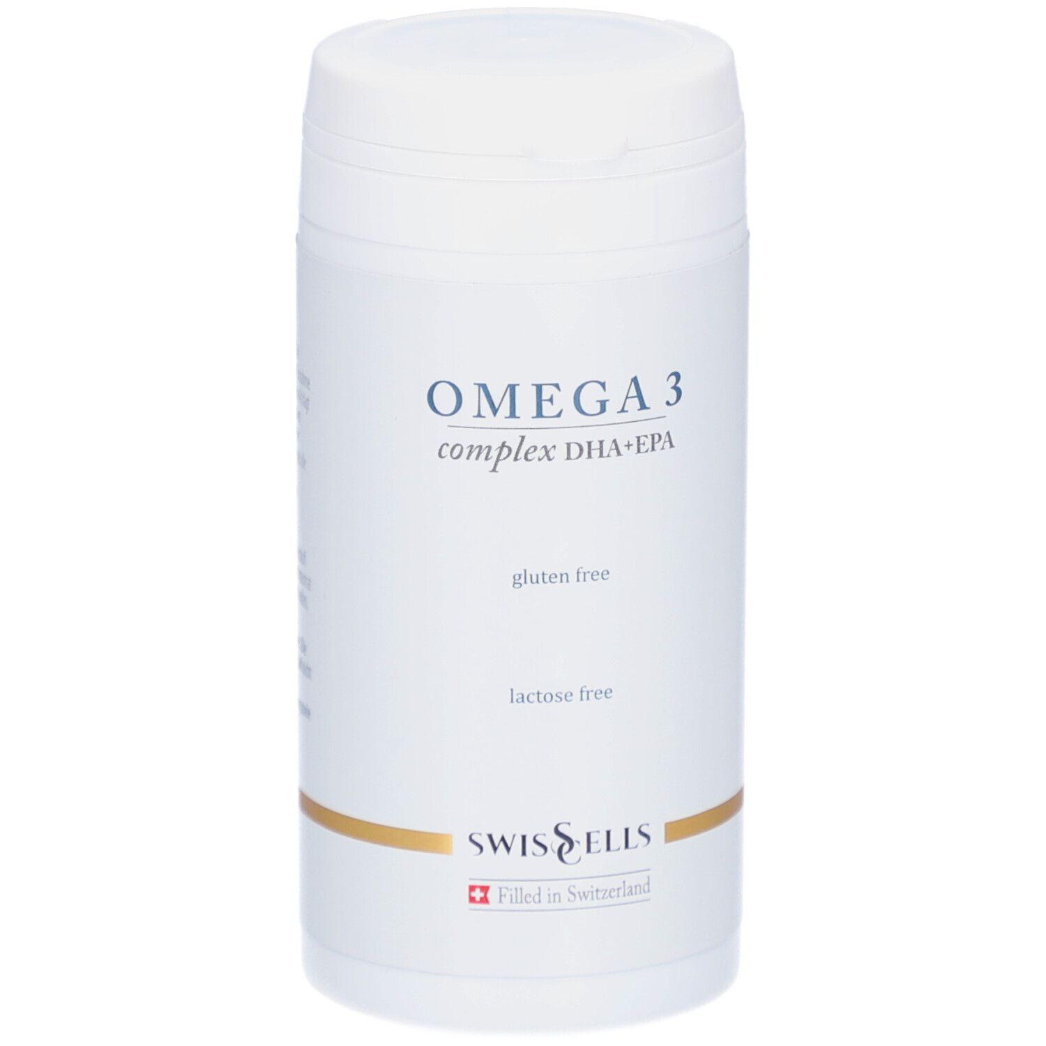 Flacon blanc Omega 3 Complex. Inscription: Omega 3 complex DHA+EPA, sans gluten, sans lactose. Marque: Swisscells.