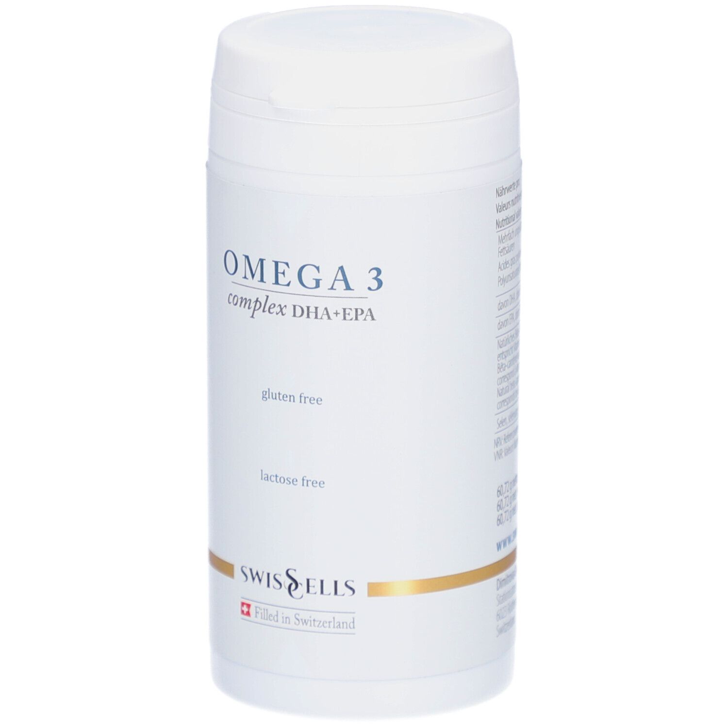 Flacon blanc Omega 3 Complex. Inscription: Omega 3 complex DHA+EPA, sans gluten, sans lactose. Marque: Swisscells.