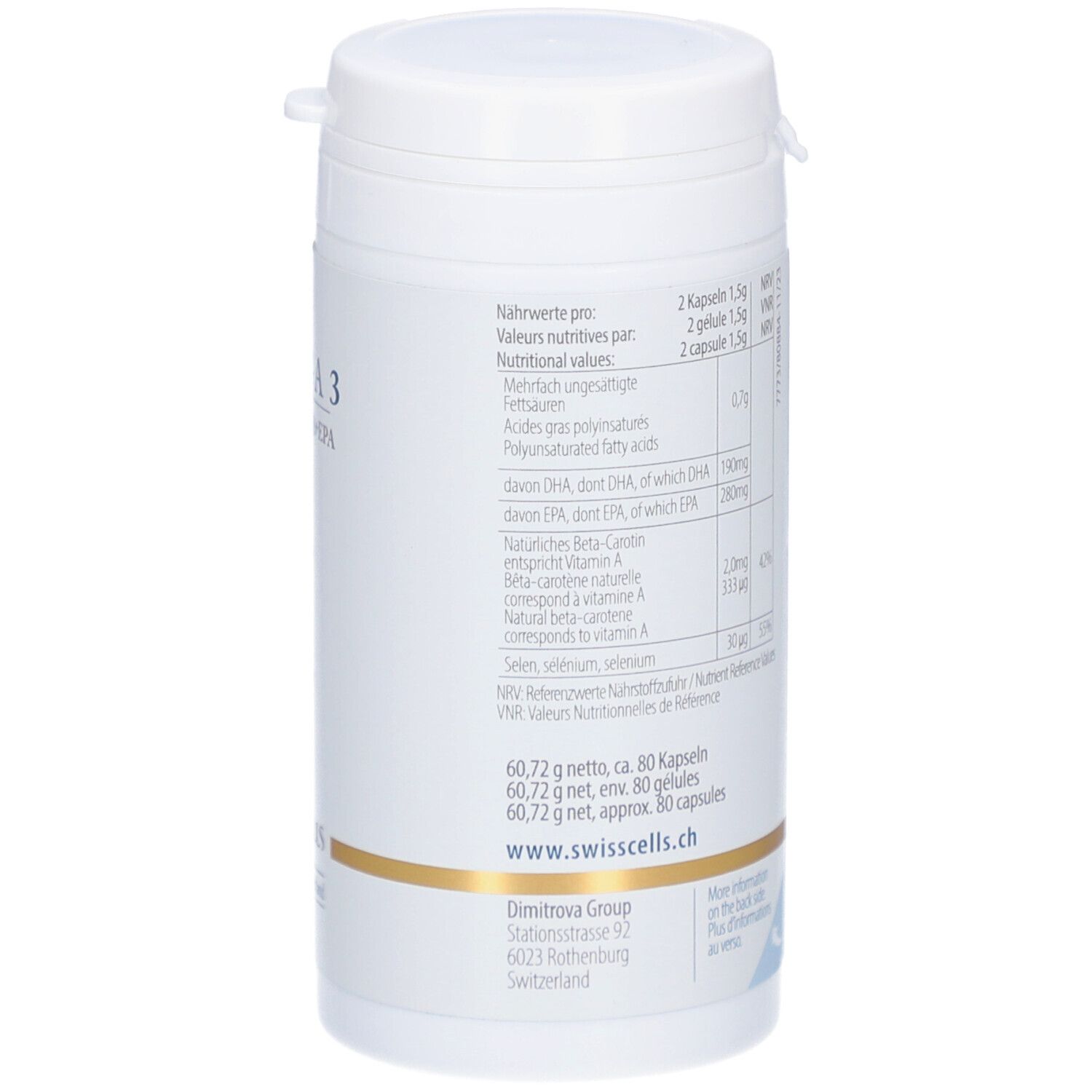 Flacon blanc Omega 3 Complex. Inscription: Omega 3 complex DHA+EPA. Dos avec informations nutritionnelles.