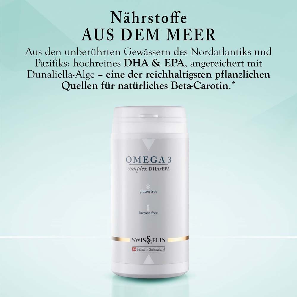 Texte avec flacon Omega 3 Complex. Nutriments de la mer. DHA & EPA de haute pureté. Marque: Swisscells.