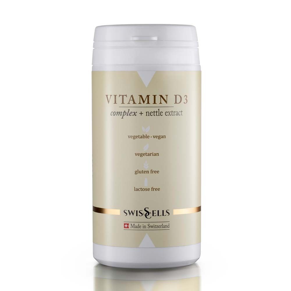 Récipient cylindrique blanc avec couvercle. Inscription : Vitamin D3 Complex + Brennnesselextrakt. Étiquette avec informations sur les ingrédients.