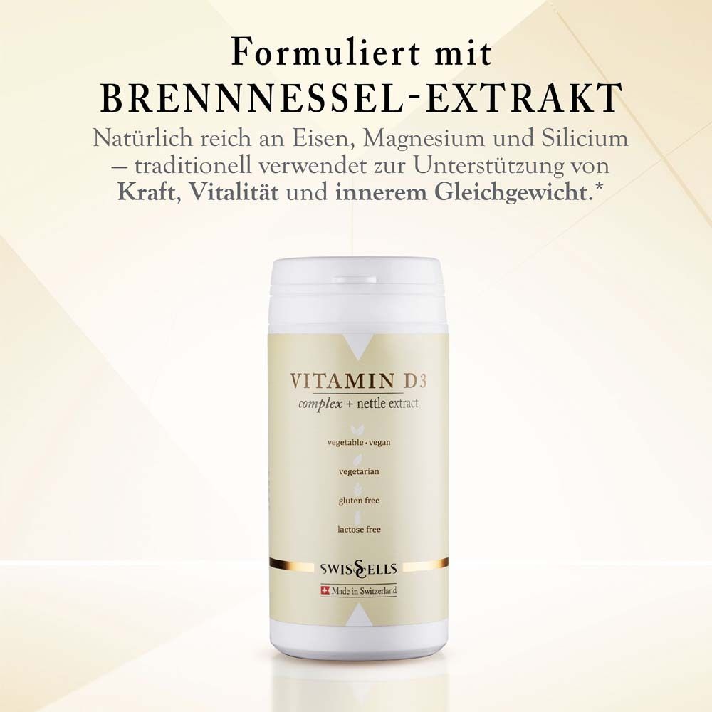 Récipient blanc avec couvercle. Inscription : Vitamin D3 Complex + Brennnesselextrakt. Texte sur les ingrédients et les avantages.
