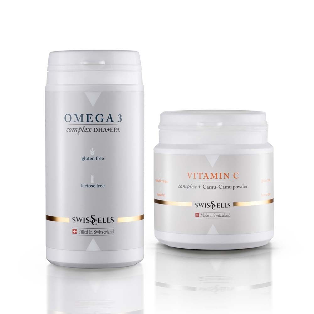 Zwei weiße Behälter: Omega 3 und Vitamin C. Beide mit goldfarbenen Akzenten und dem Logo Swissells. Gluten- und laktosefrei.