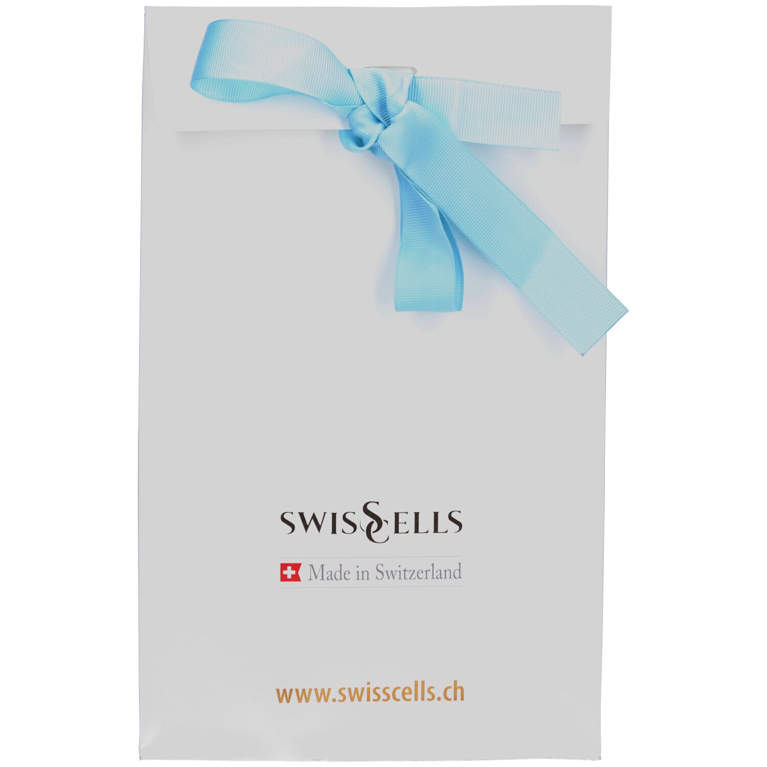 Weiße Papiertüte mit blauem Band. Logo Swissells und Website-Adresse. Made in Switzerland.