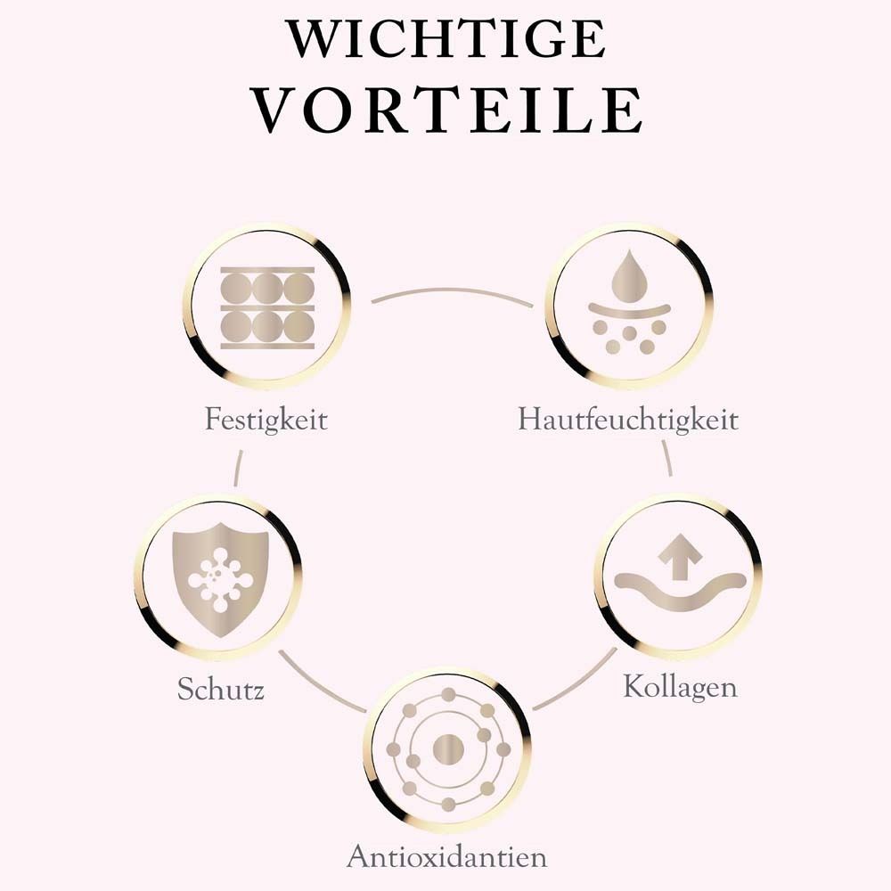 Grafik mit Kreisen und Text: Festigkeit, Hautfeuchtigkeit, Schutz, Kollagen, Antioxidantien. Goldfarbene Elemente.