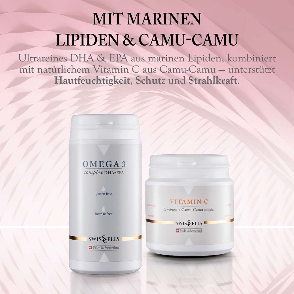 Zwei weiße Behälter: Omega 3 und Vitamin C. Text: Marine Lipide & Camu-Camu. Logo Swissells. Rosa Hintergrund.