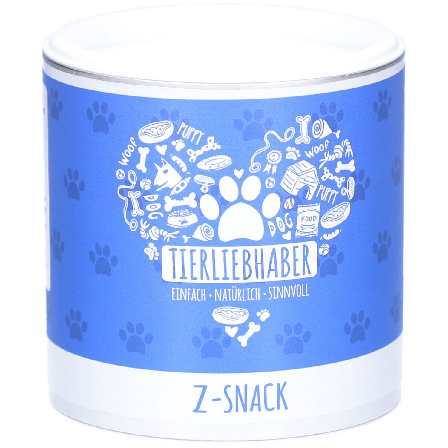 Boîte bleue avec couvercle blanc. Inscription : TIERLIEBHABER, Z-SNACK. Illustrations de pattes.