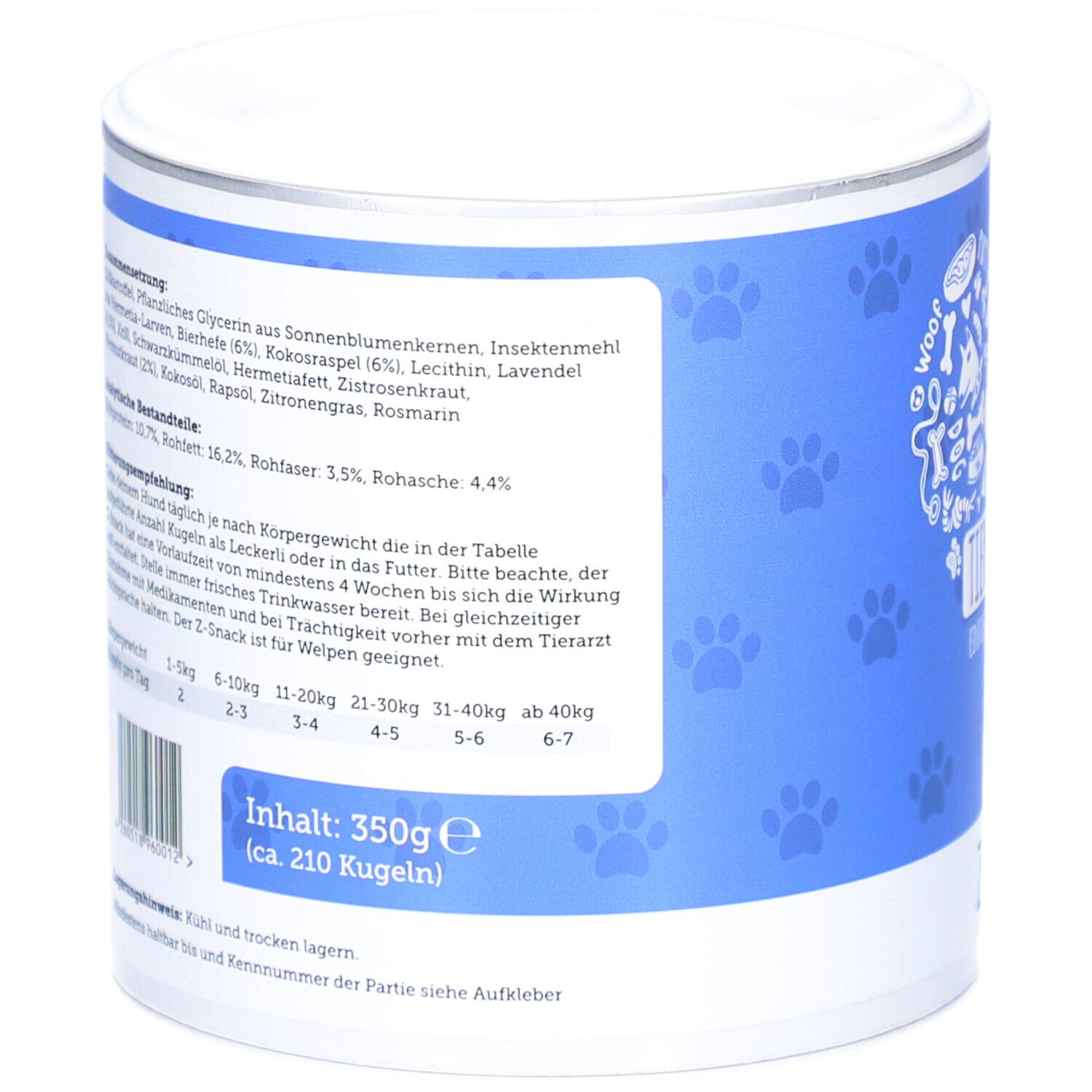 Dos de la boîte bleue. Texte : Ingrédients, recommandations d'alimentation, contenu 350g (environ 210 boules).