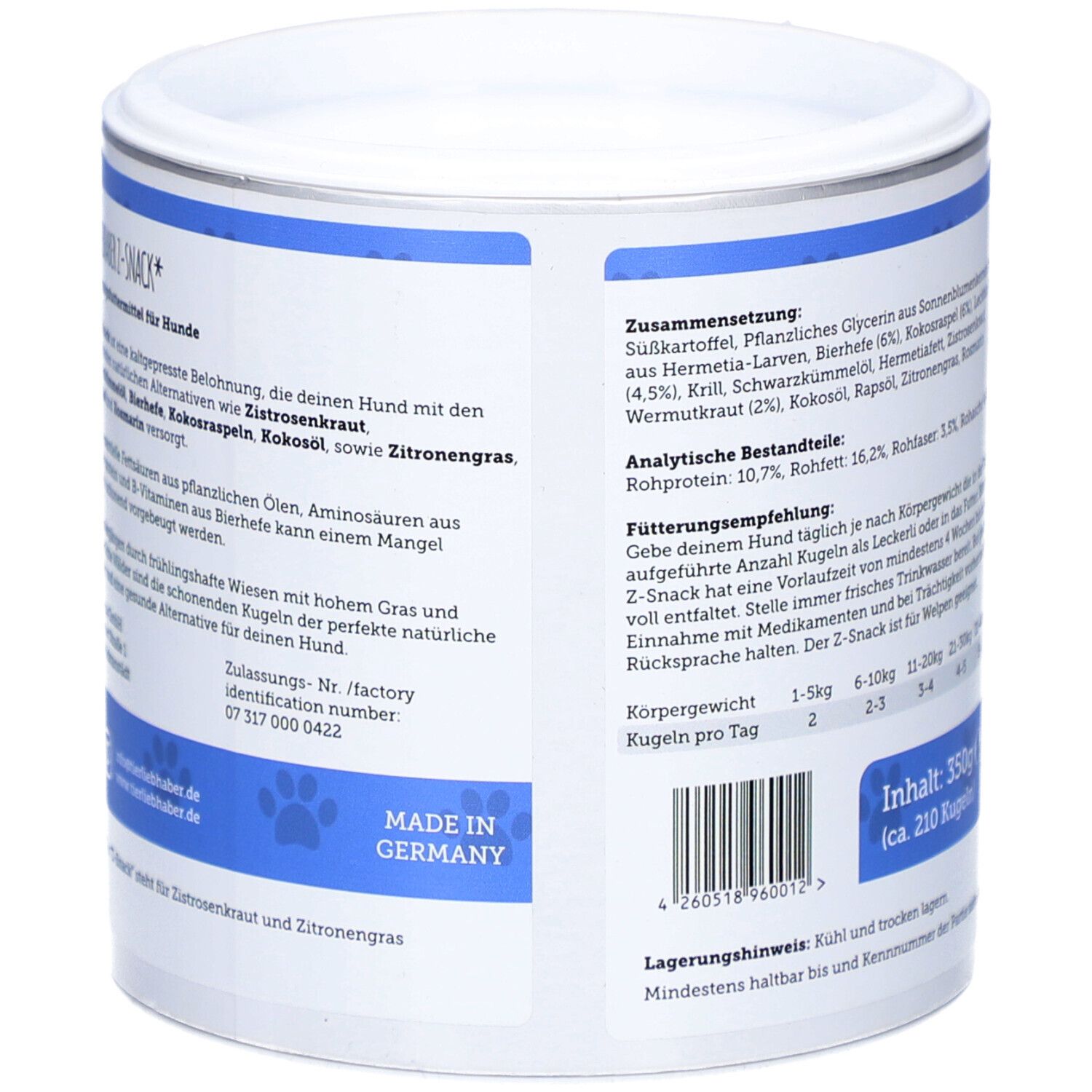 Dos de la boîte. Texte : Ingrédients, composants analytiques, Made in Germany, 350g (environ 210 boules).