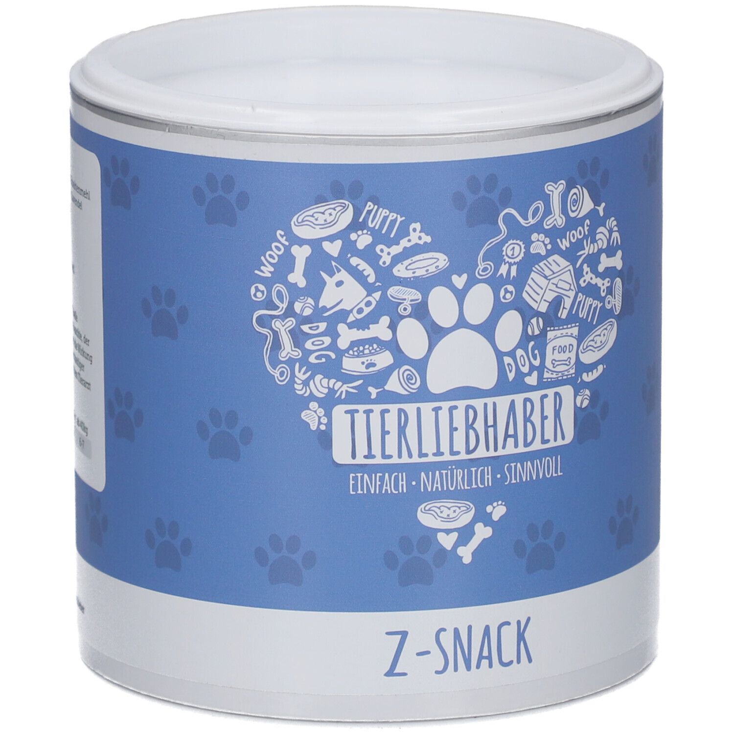 Boîte bleue avec couvercle blanc. Inscription : TIERLIEBHABER, Z-SNACK. Illustrations de pattes.