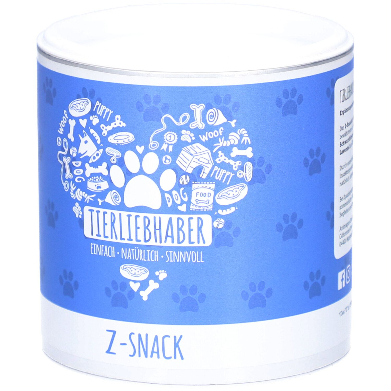 Boîte bleue avec couvercle blanc. Inscription : TIERLIEBHABER, Z-SNACK. Illustrations de pattes.