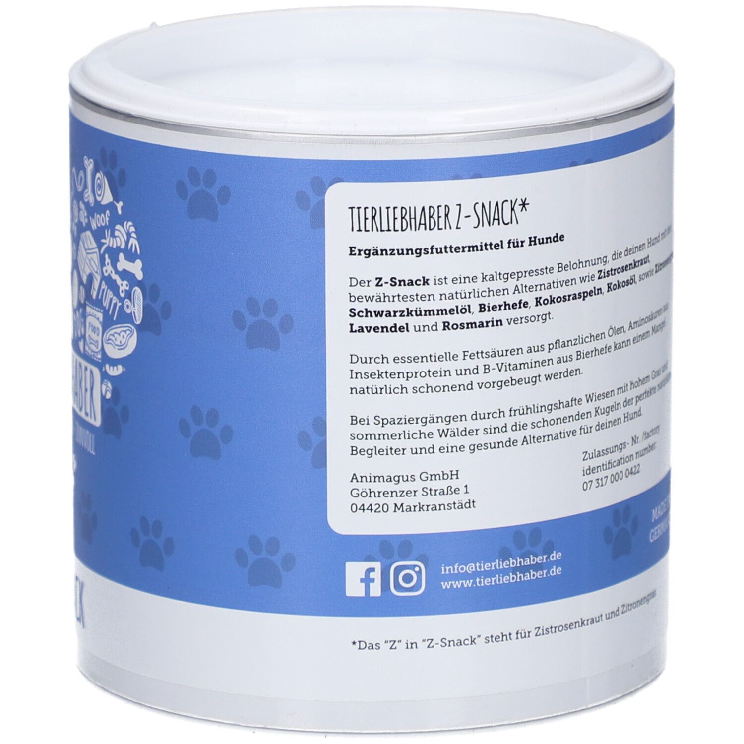 Dos de la boîte. Texte : Aliment complémentaire, TIERLIEBHABER, Z-SNACK. Coordonnées, icônes de médias sociaux.