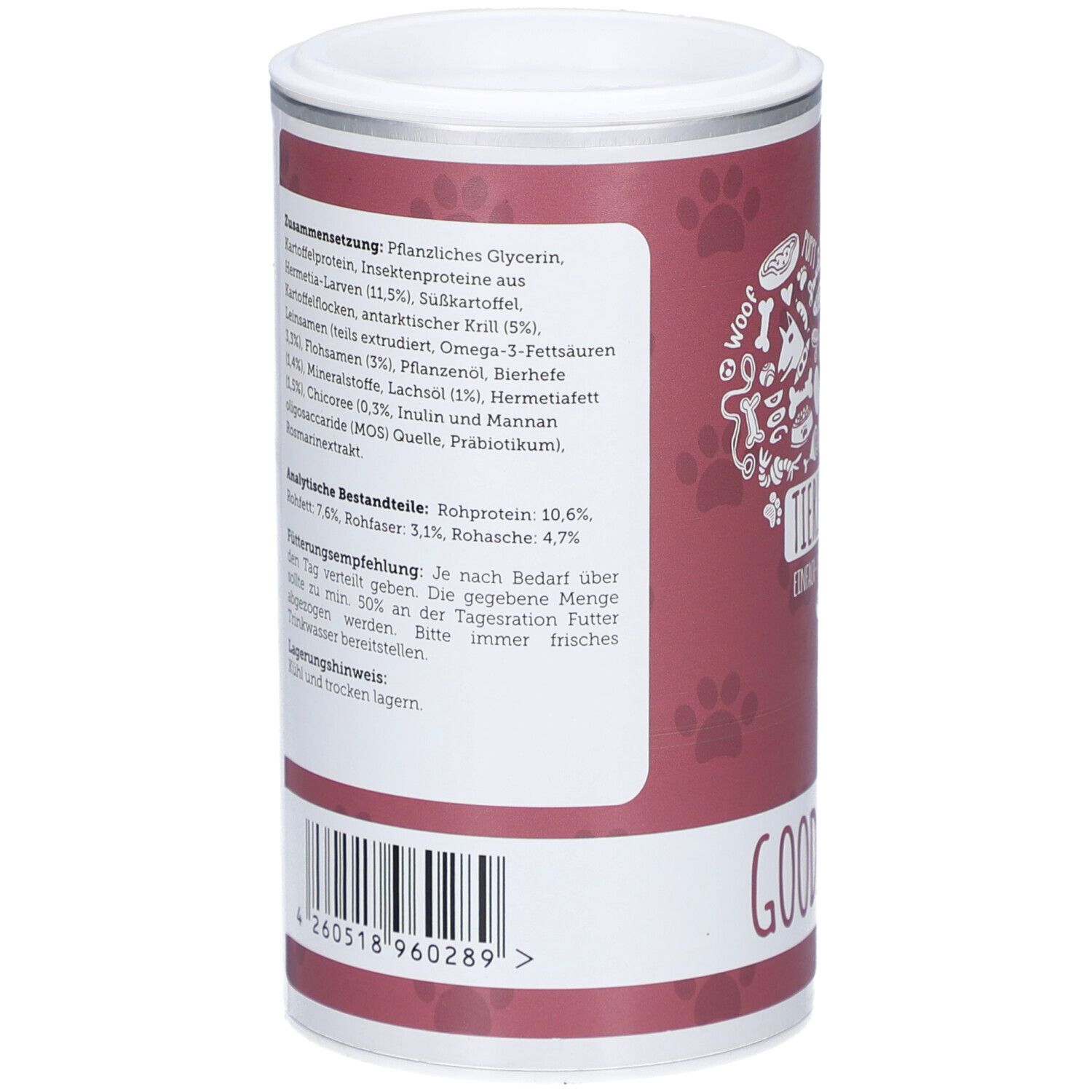 Dos de la boîte. Liste des ingrédients et valeurs d'analyse. Code-barres en bas.