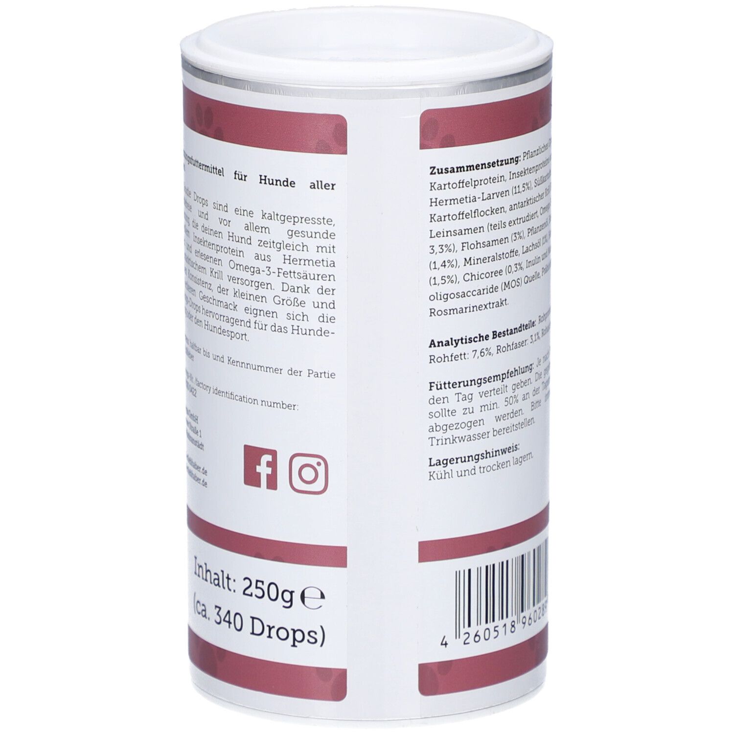 Dos de la boîte. Texte sur les recommandations d'alimentation et le stockage. Icônes de médias sociaux.