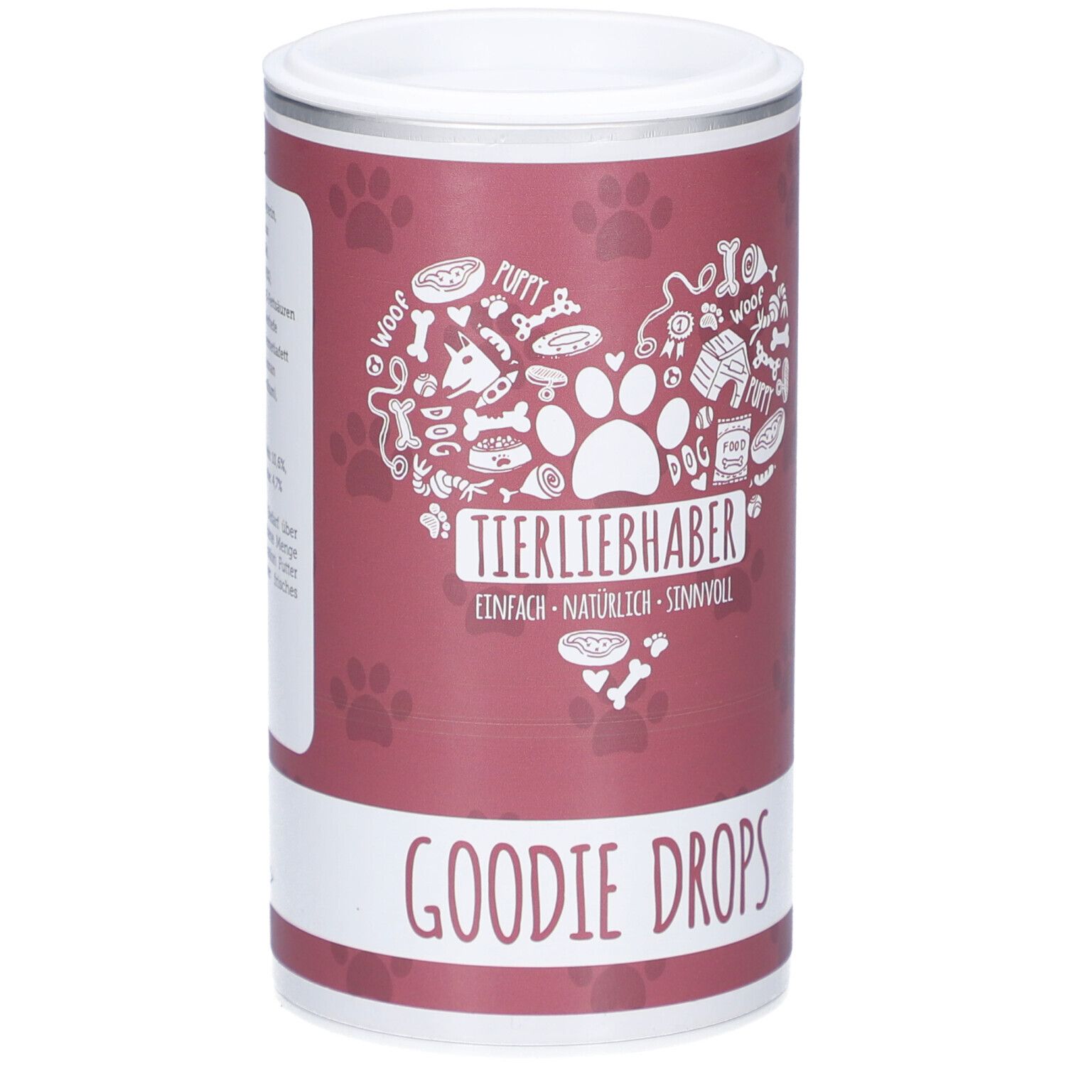 Boîte cylindrique avec couvercle blanc. Inscription : Tierliebhaber Goodie Drops. Design en forme de cœur avec pattes et os.