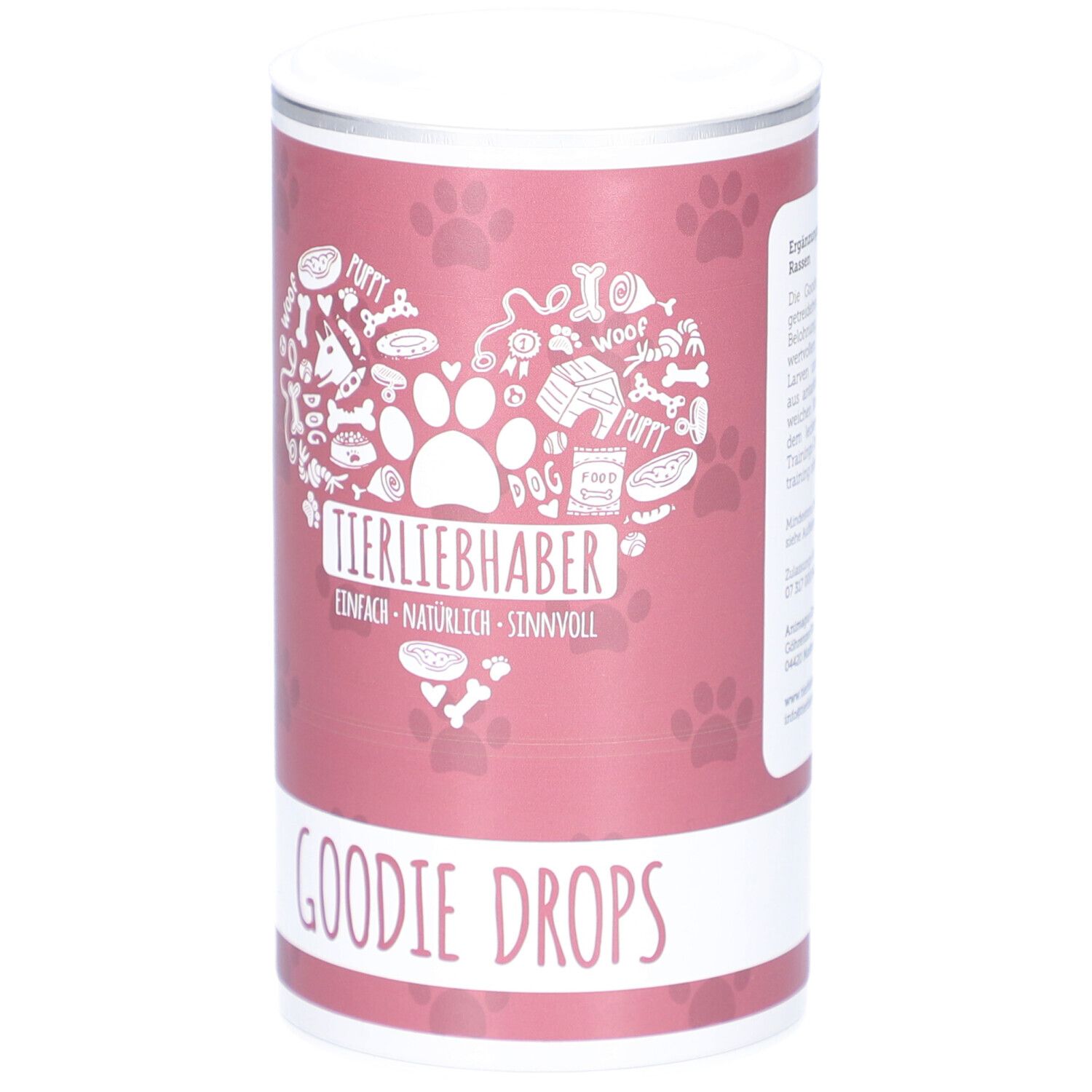 Boîte cylindrique avec couvercle blanc. Inscription : Tierliebhaber Goodie Drops. Design en forme de cœur avec pattes et os.