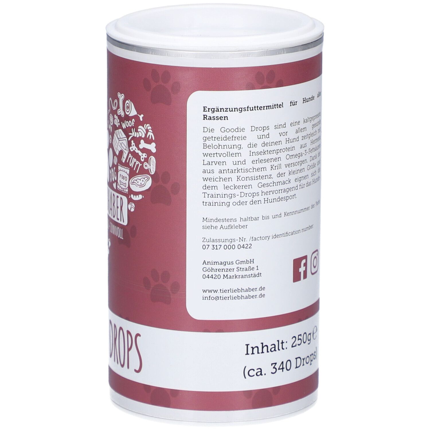 Dos de la boîte. Texte sur les aliments complémentaires. Icônes de médias sociaux et coordonnées.