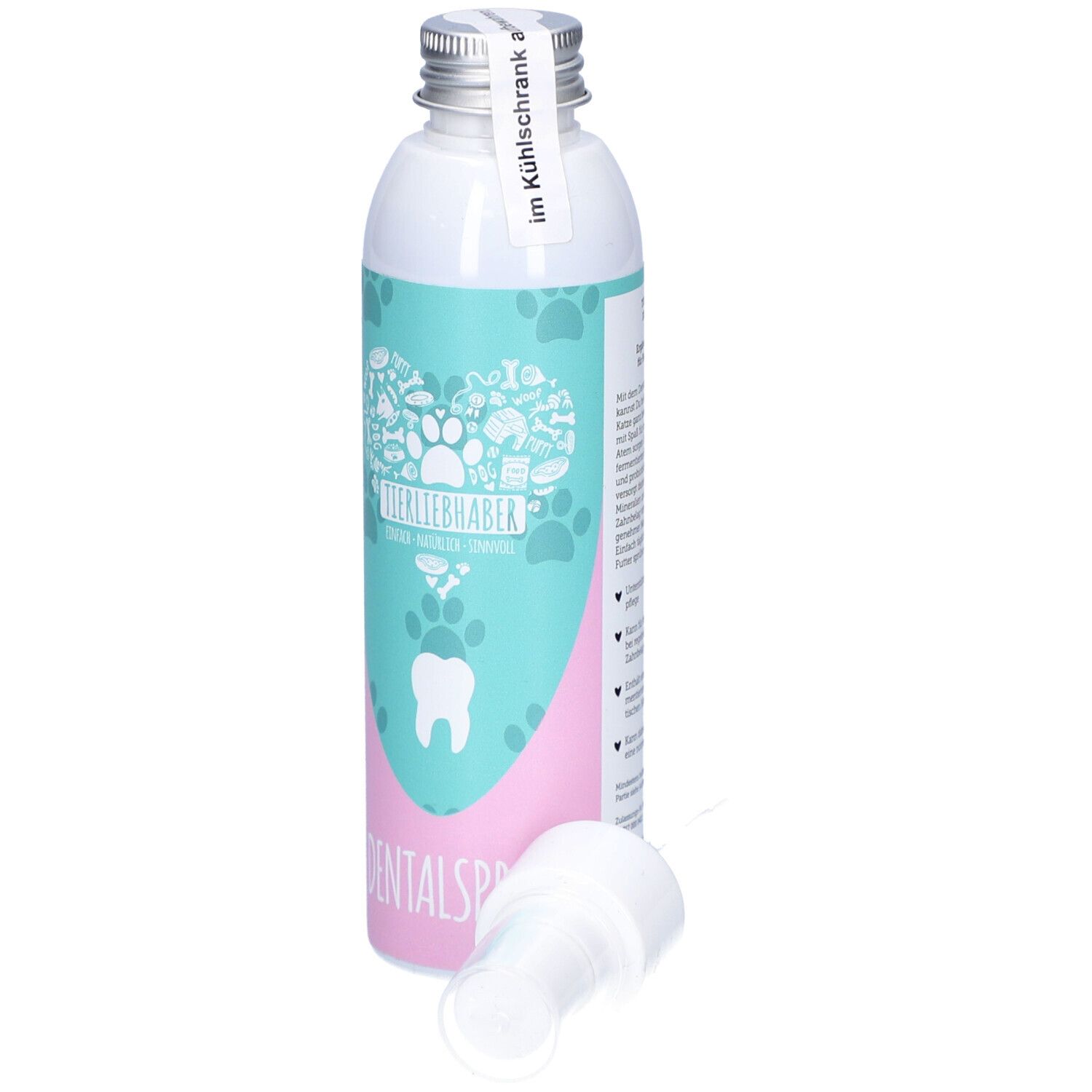 Flacon de spray dentaire avec tête de pulvérisation retirée. Dos avec texte. Inscription : DENTALSpray.