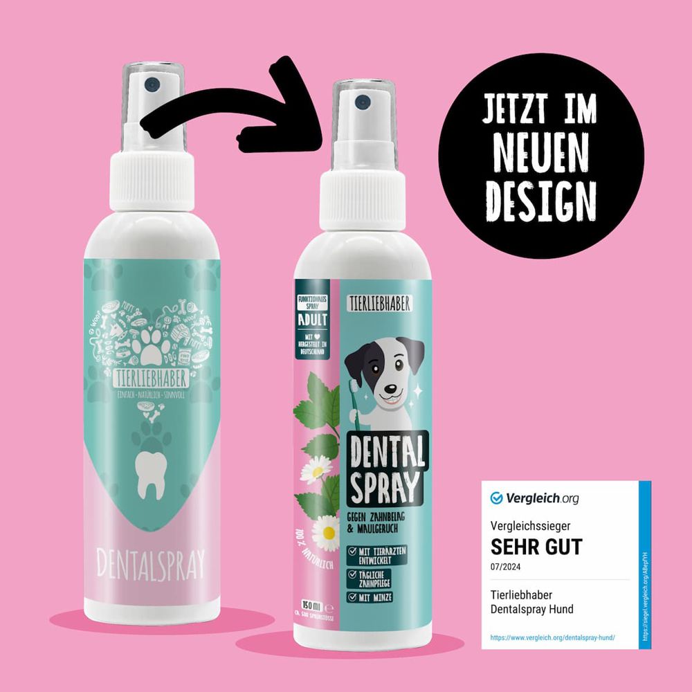 Flacon de spray dentaire dans un nouveau design. Comparaison avec l'ancien design. Distinction : Très bon.