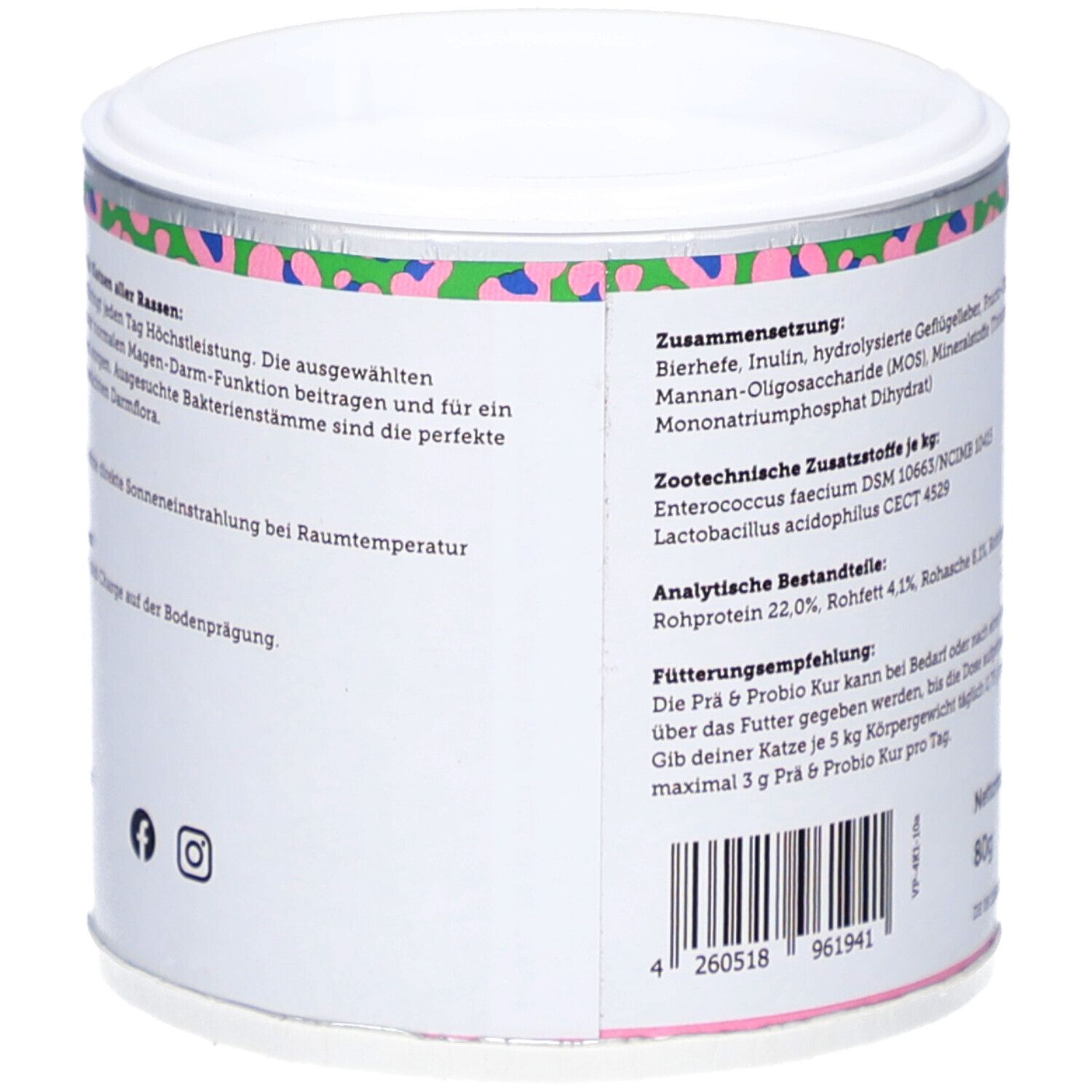 Boîte avec texte sur la composition et les recommandations d'alimentation. Design rose et vert.