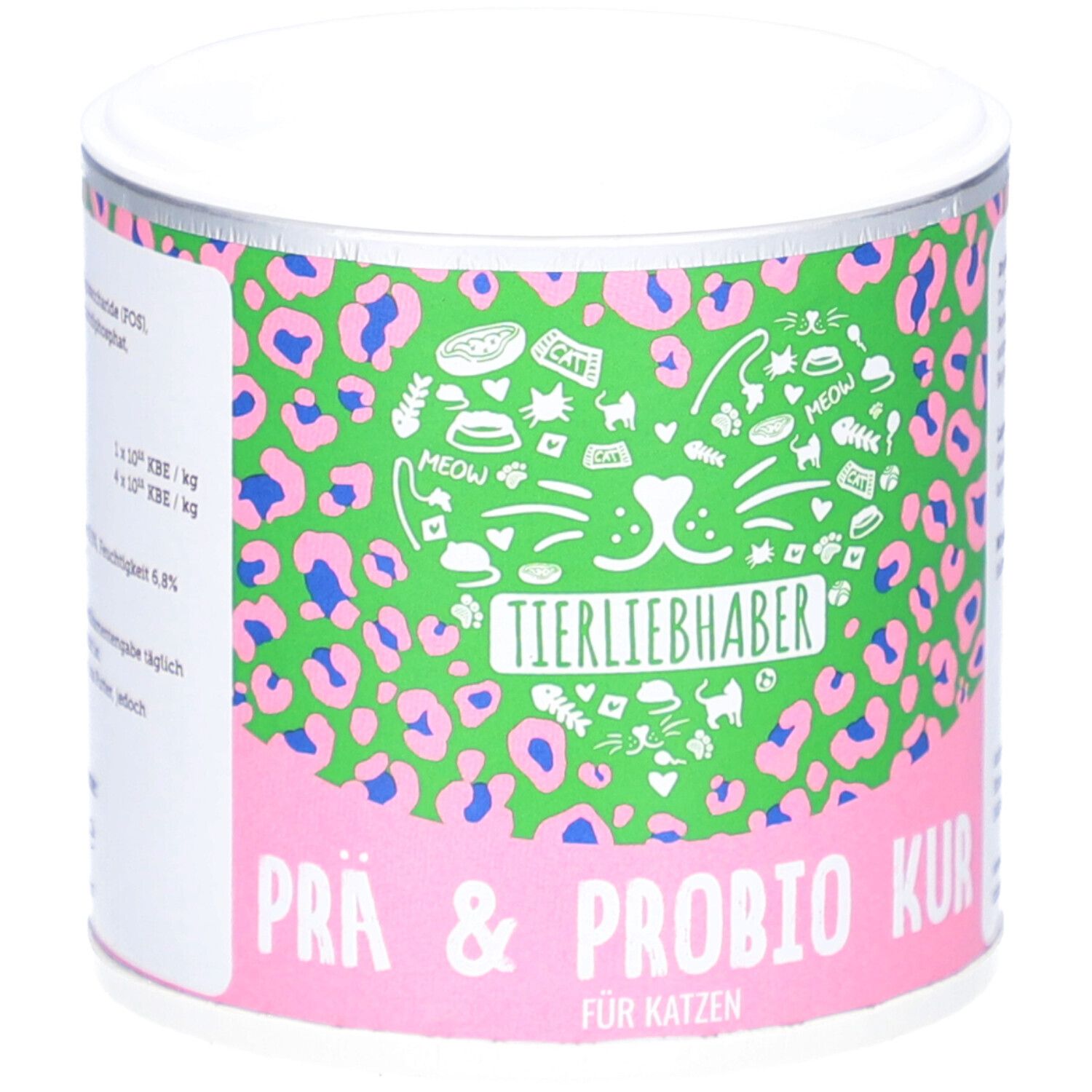 Boîte avec motif léopard vert et rose. Inscription : Tierliebhaber, Prä & Probio Kur für Katzen.