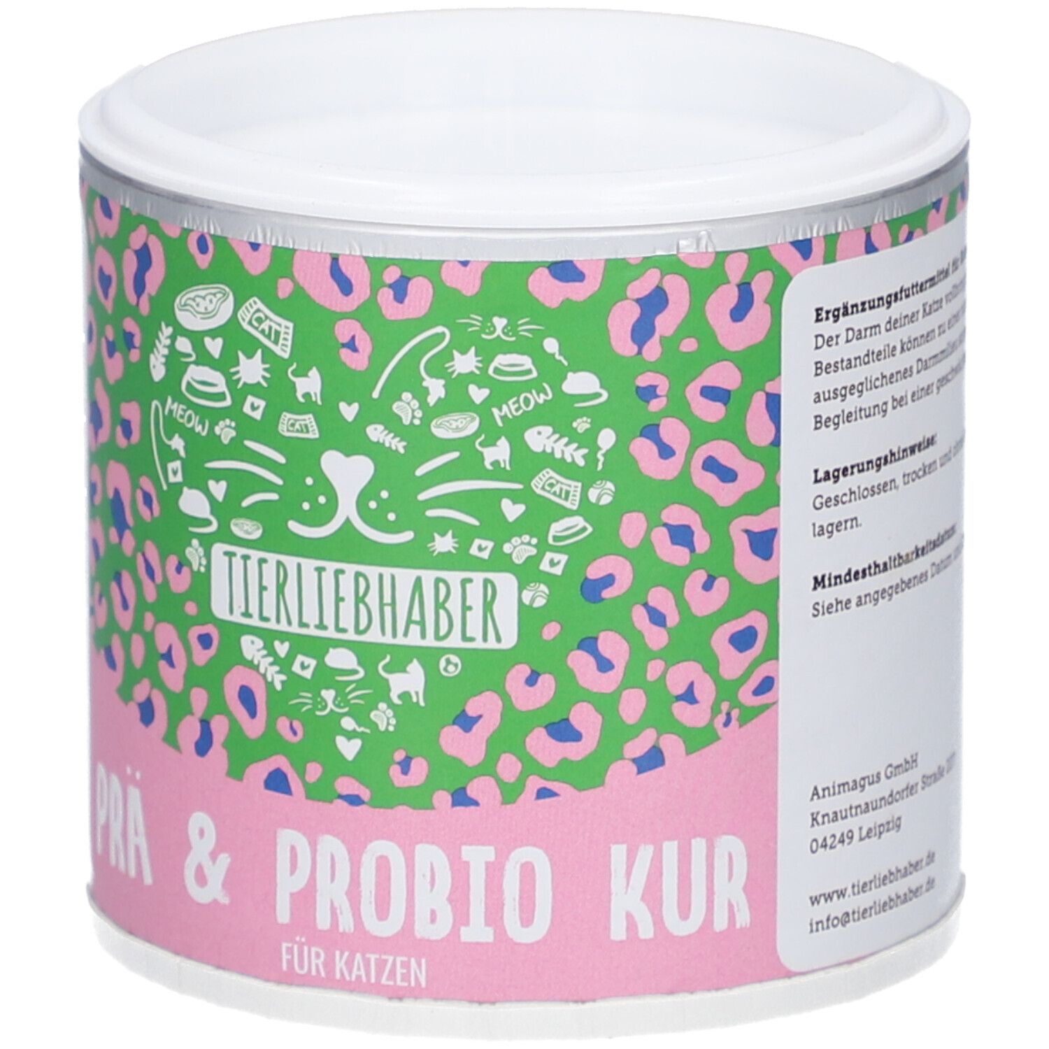 Boîte avec motif léopard vert et rose. Inscription : Tierliebhaber, Prä & Probio Kur für Katzen.