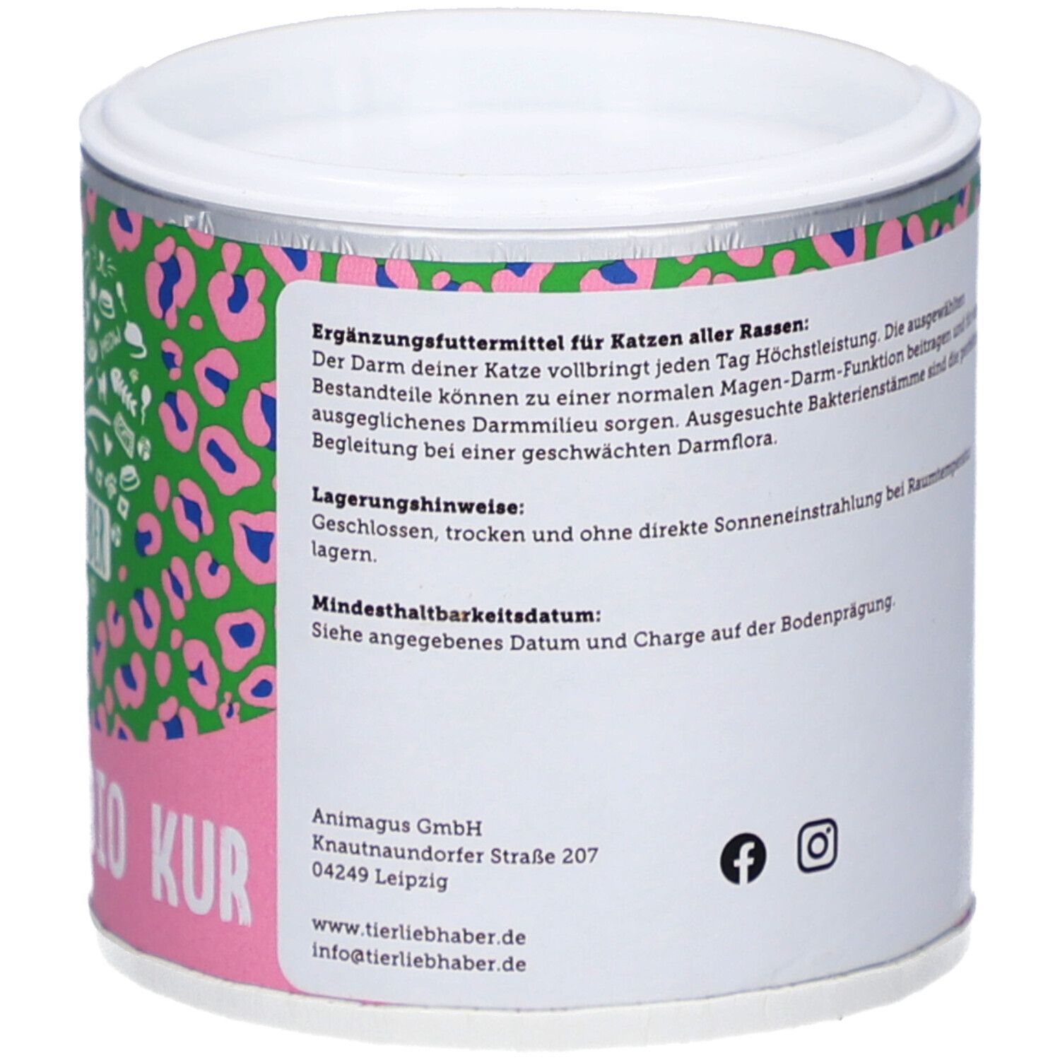 Boîte avec texte sur l'aliment complémentaire pour chats. Design rose et vert.