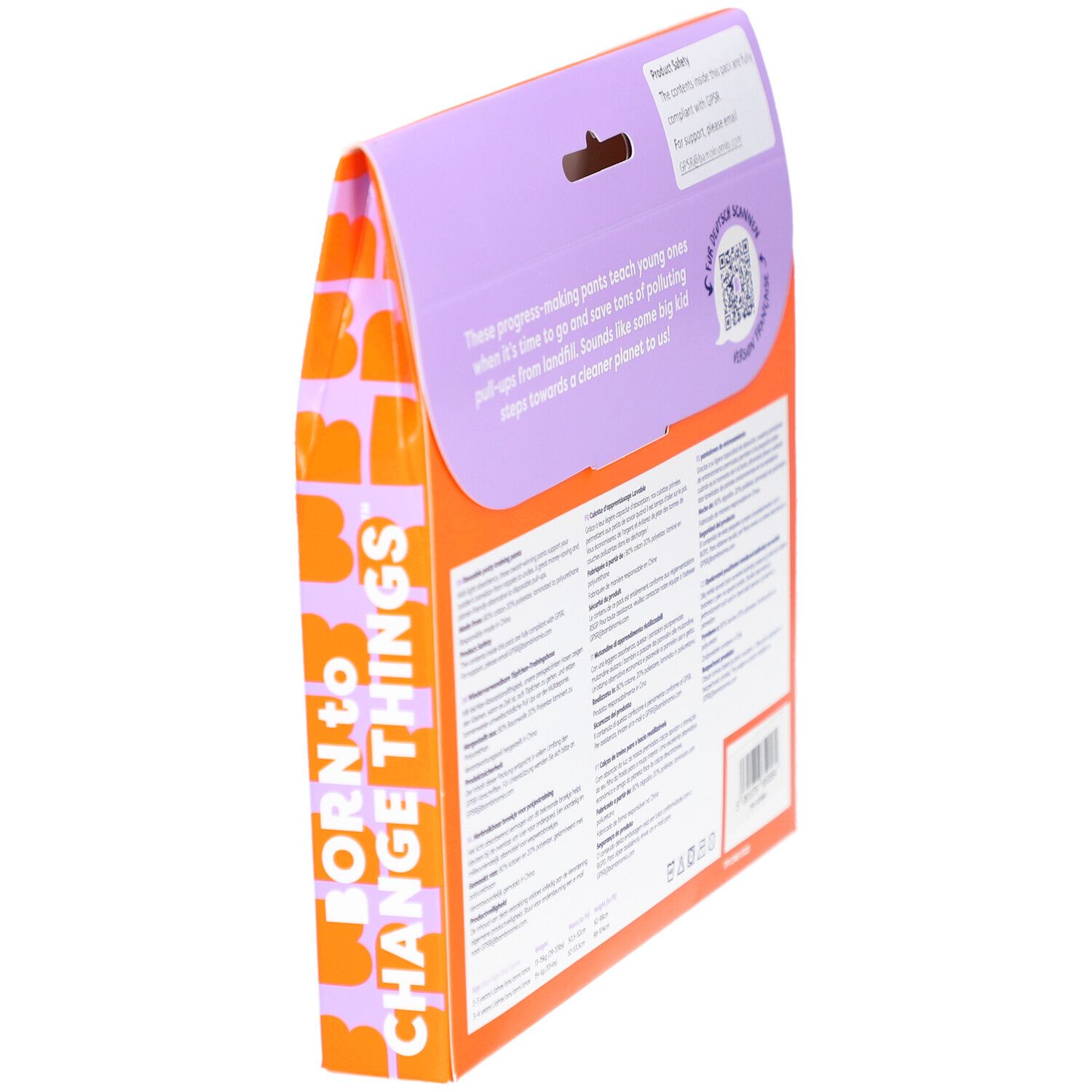 Vue latérale de l'emballage de la culotte d'apprentissage lavable. Texte 'BORN TO CHANGE THINGS' et logo FSC.
