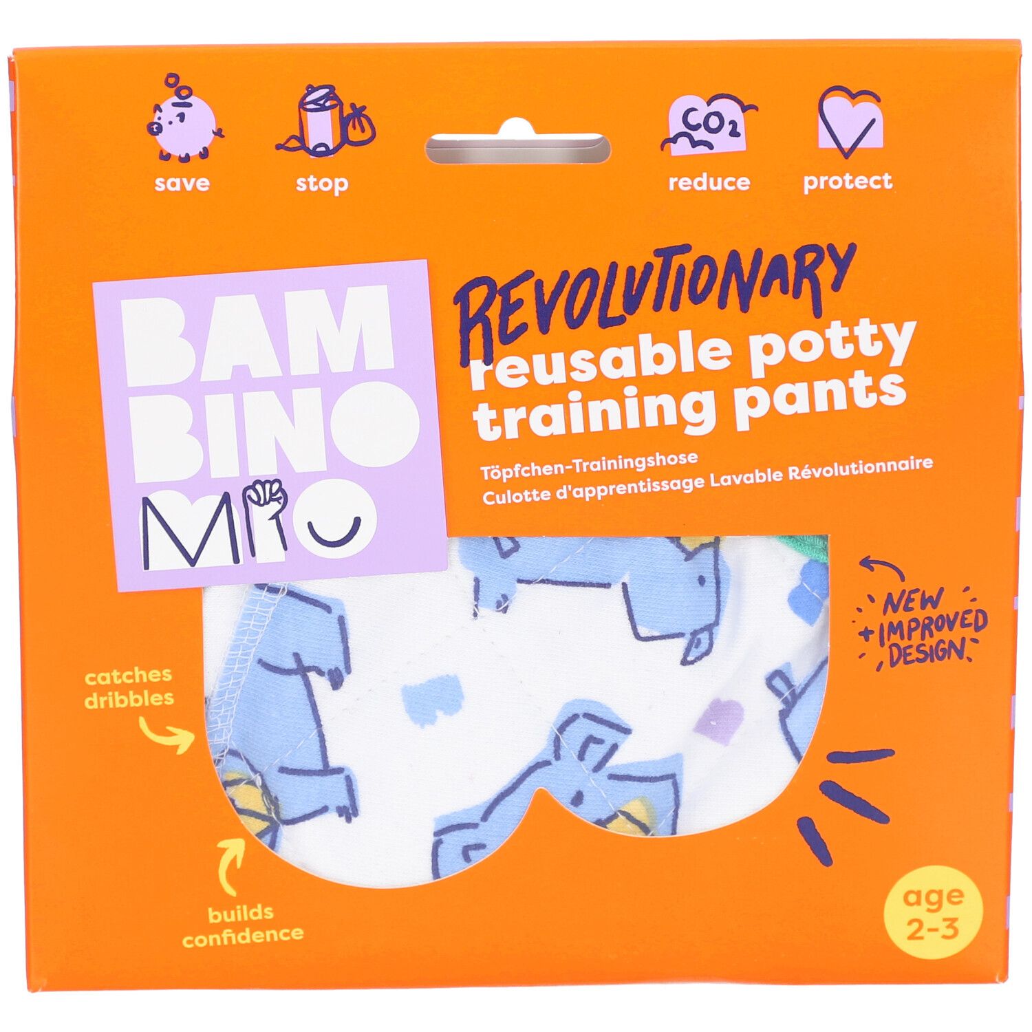 Emballage de culotte d'apprentissage lavable. Boîte orange avec nom du produit, âge 2-3 ans et illustrations.