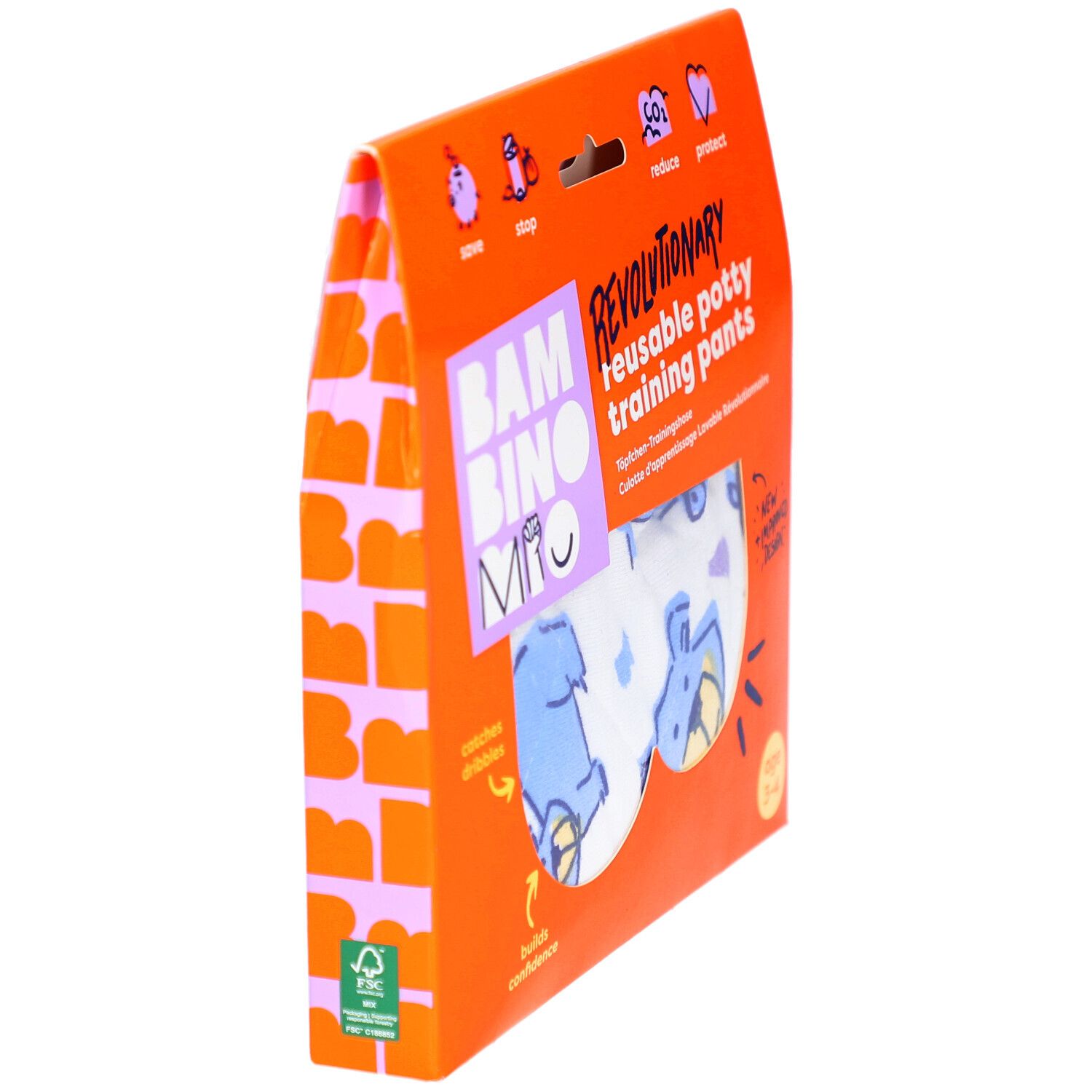 Seitenansicht der Verpackung mit wiederverwendbarer Töpfchen-Trainingshose. Marke: Bambino Mio. FSC-Zertifizierung.