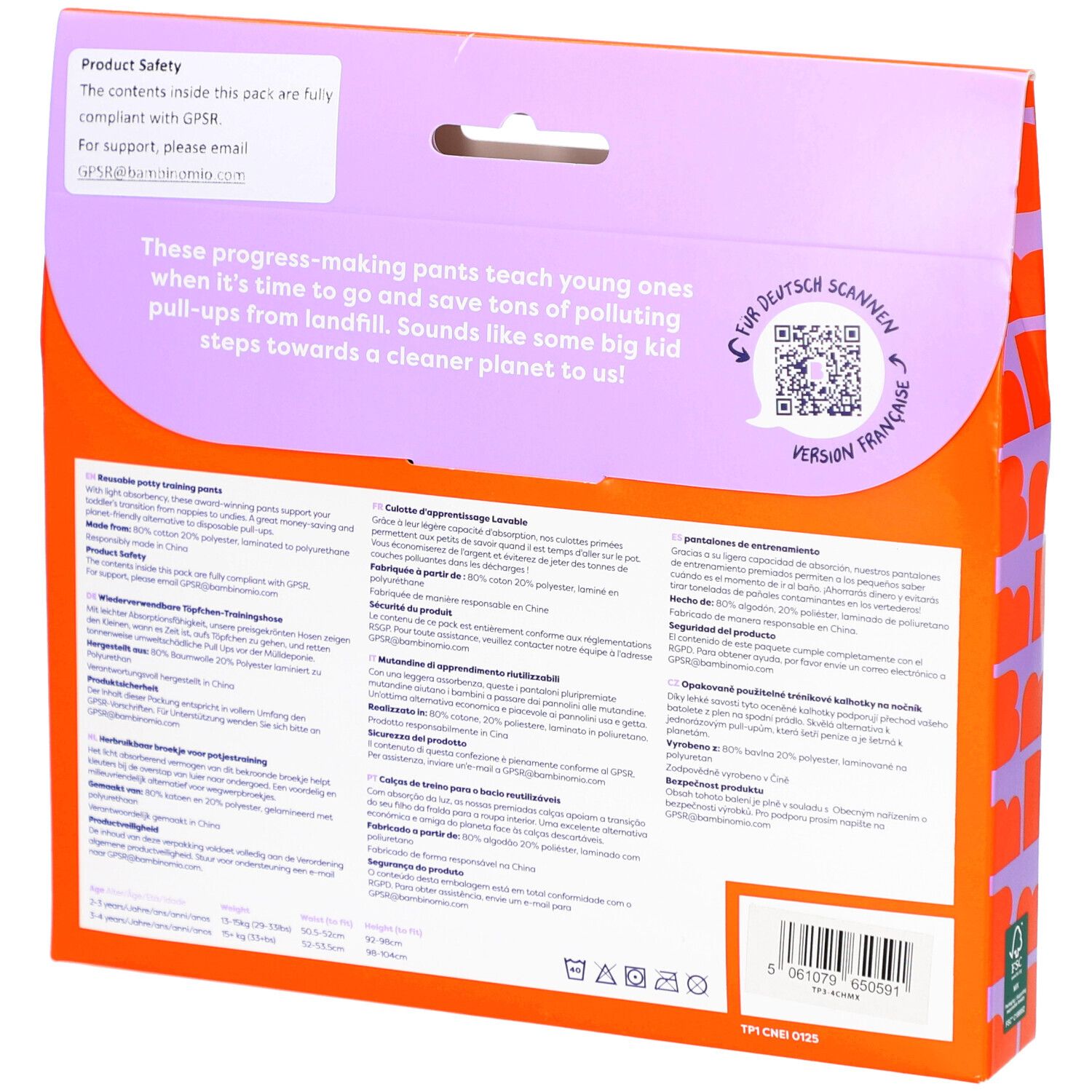 Rückseite der Verpackung mit Informationen zur wiederverwendbaren Töpfchen-Trainingshose. Text in Deutsch und Französisch.