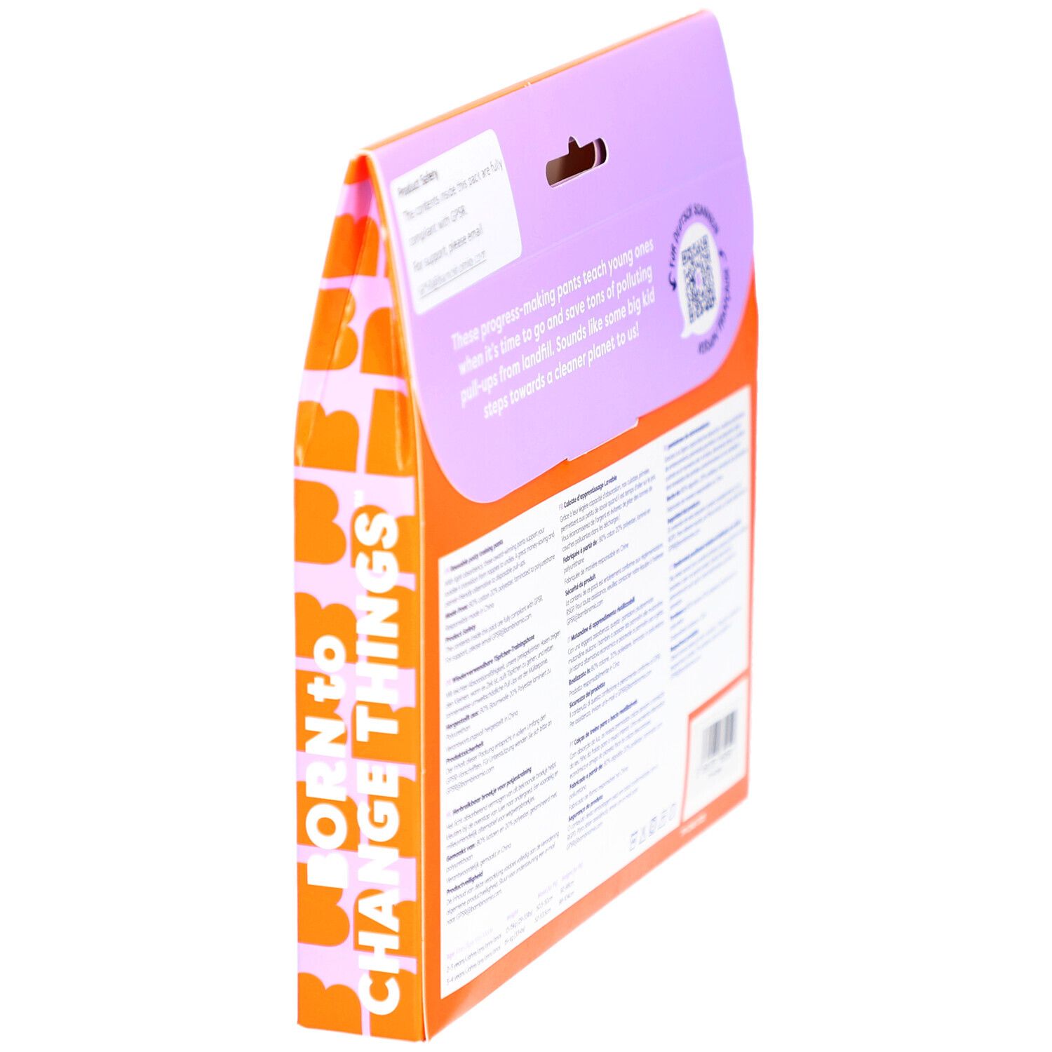 Seitenansicht der Verpackung mit Text: Born to change things. Informationen zur wiederverwendbaren Töpfchen-Trainingshose.