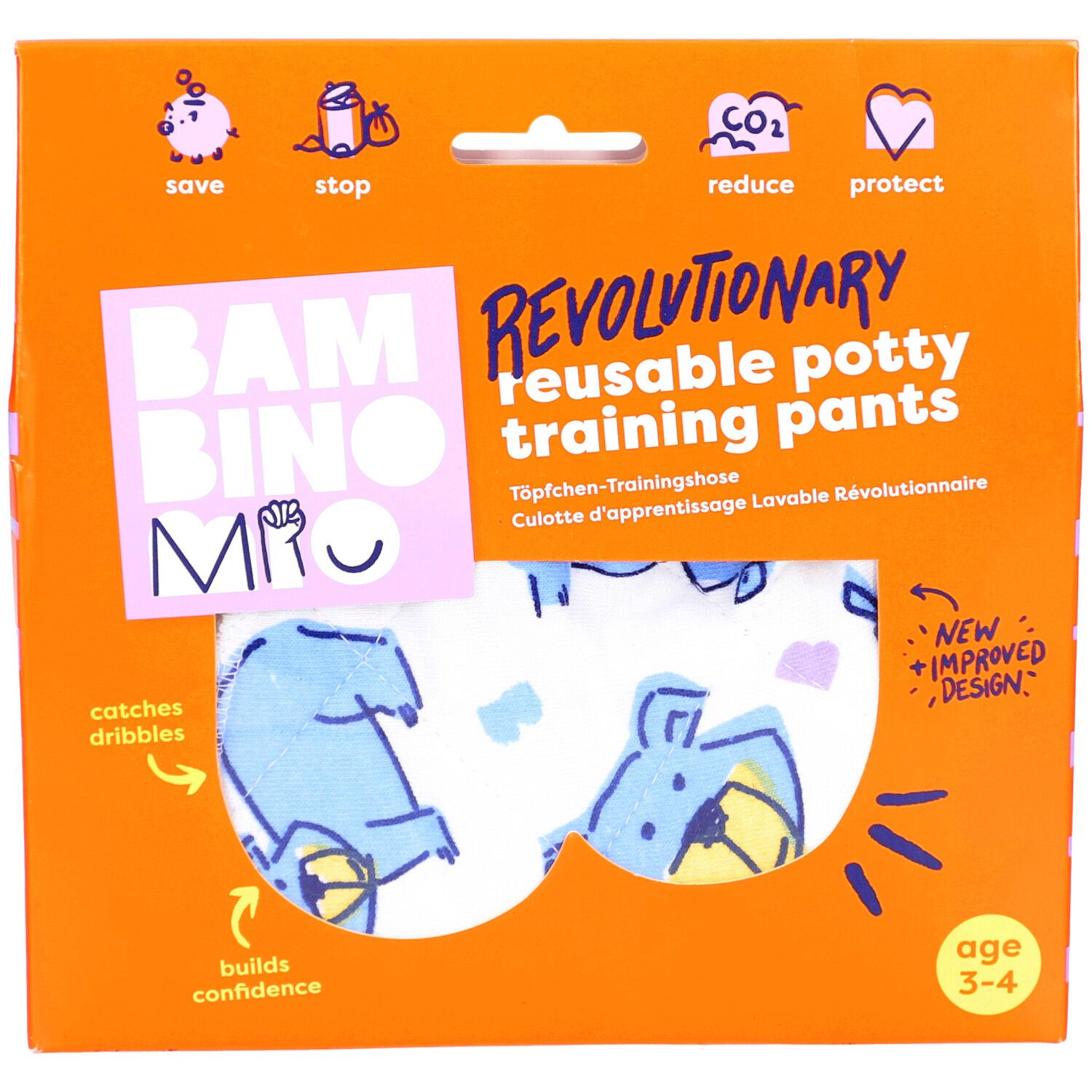 Verpackung mit wiederverwendbarer Töpfchen-Trainingshose. Marke: Bambino Mio. Alter: 3-4 Jahre. Sichtbares Design der Hose.