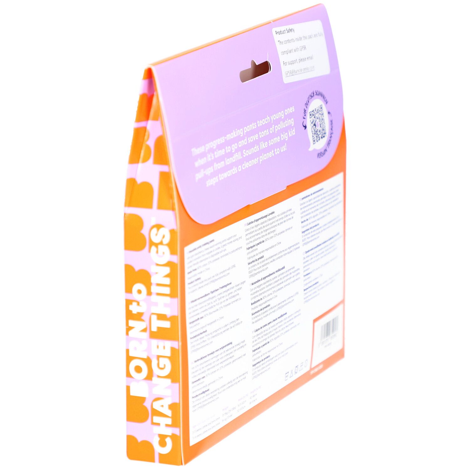 Vue latérale de l'emballage avec texte au dos. Contient des informations sur le produit et un code QR.