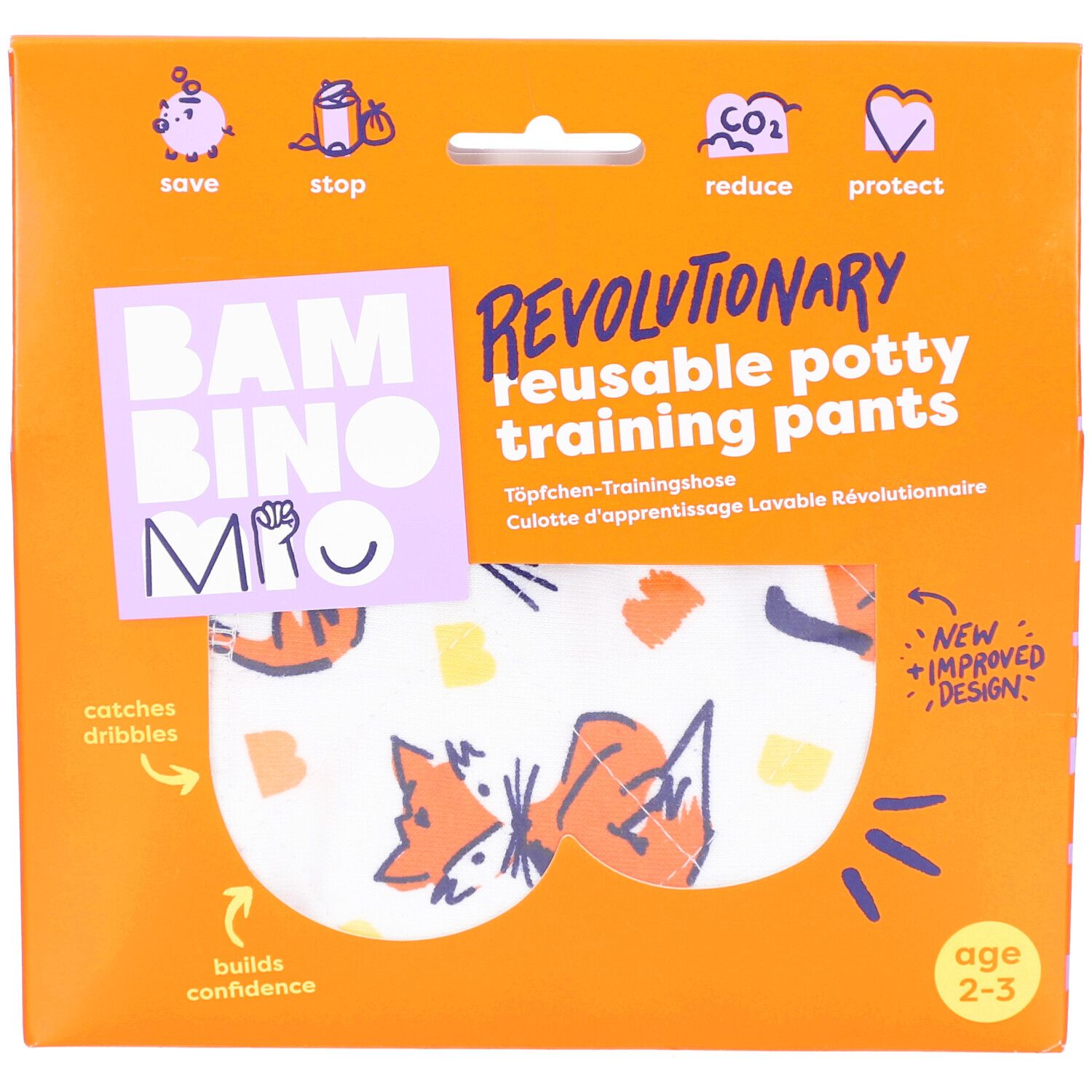 Emballage de culottes d'apprentissage réutilisables. Boîte orange avec image et texte du produit. Âge recommandé : 2-3 ans.