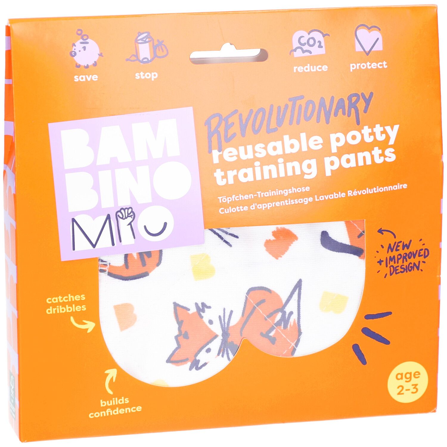 Emballage de culottes d'apprentissage réutilisables. Boîte orange avec image et texte du produit. Âge recommandé : 2-3 ans.