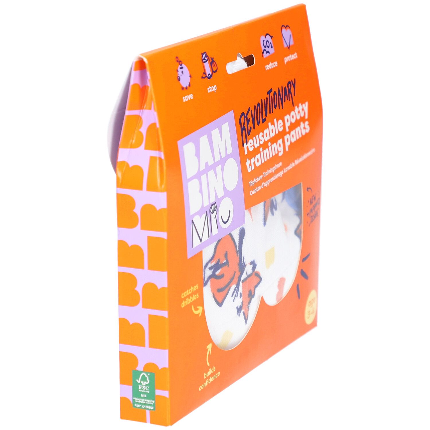 Schrägansicht der Verpackung mit wiederverwendbarer Töpfchen-Trainingshose. Orangefarbene Verpackung mit Produktnamen und Logo.