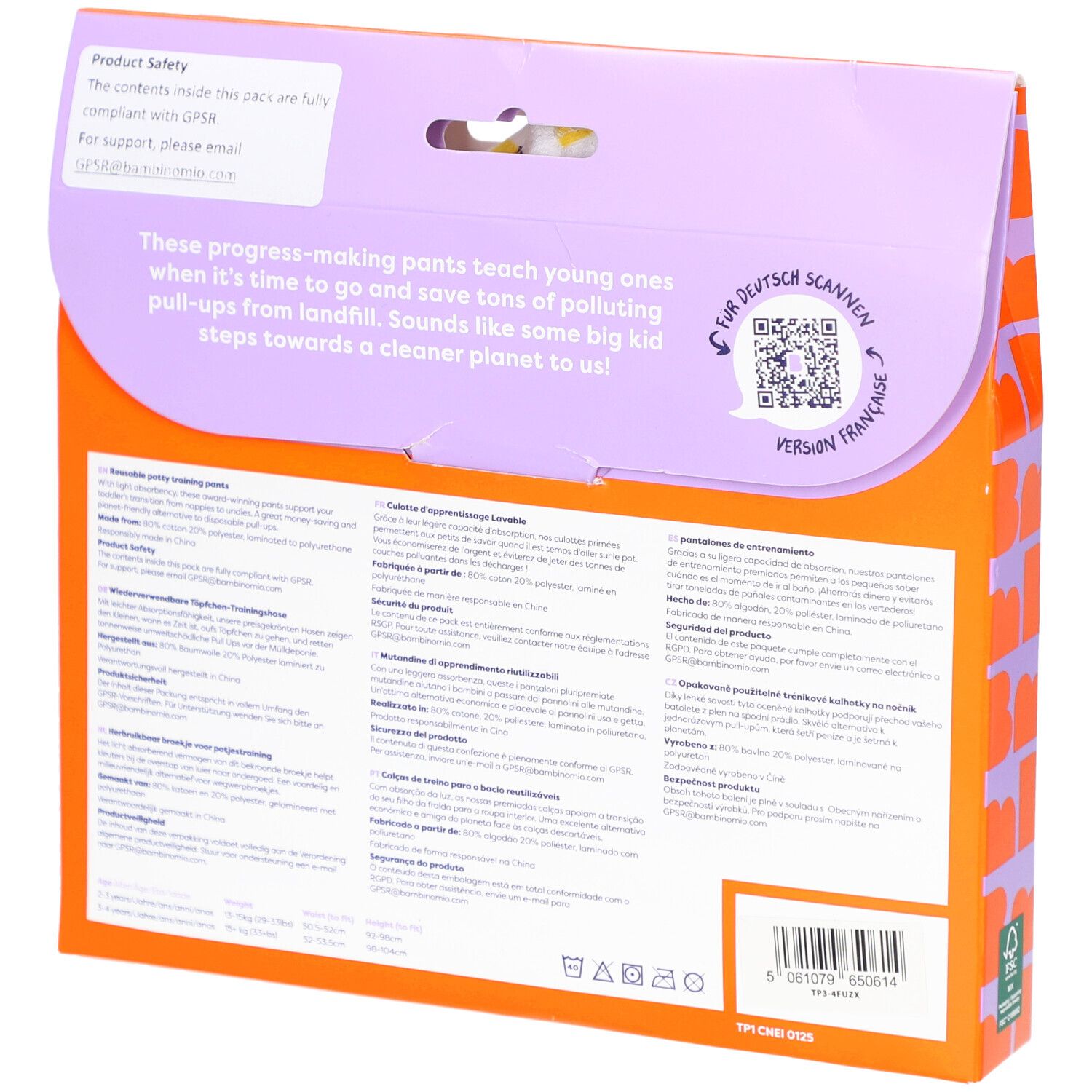 Rückseite der Verpackung mit Text in mehreren Sprachen. QR-Code und Informationen zur Produktsicherheit.