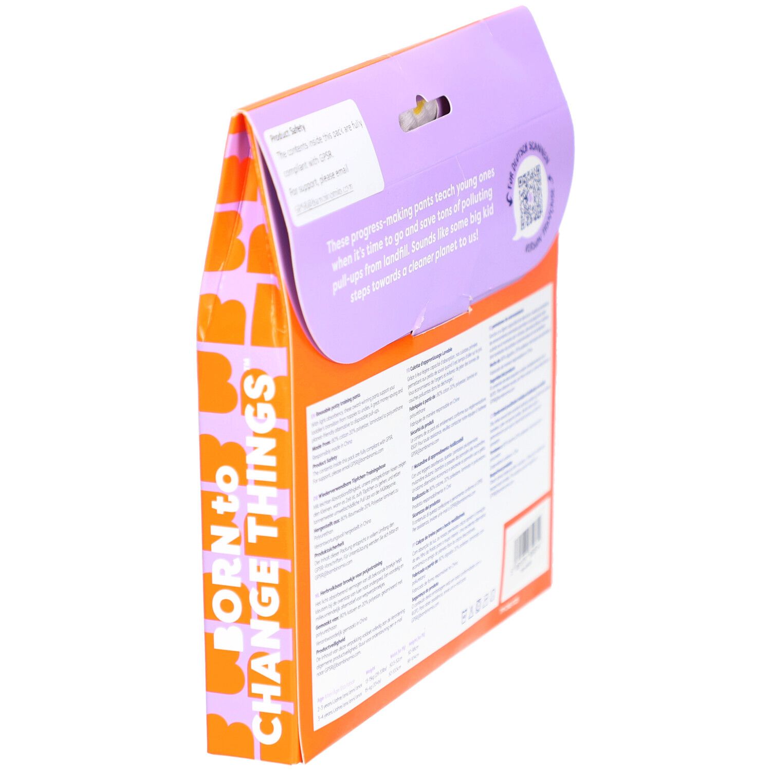 Schrägansicht der Rückseite der Verpackung. Text in mehreren Sprachen und Informationen zur Produktsicherheit.