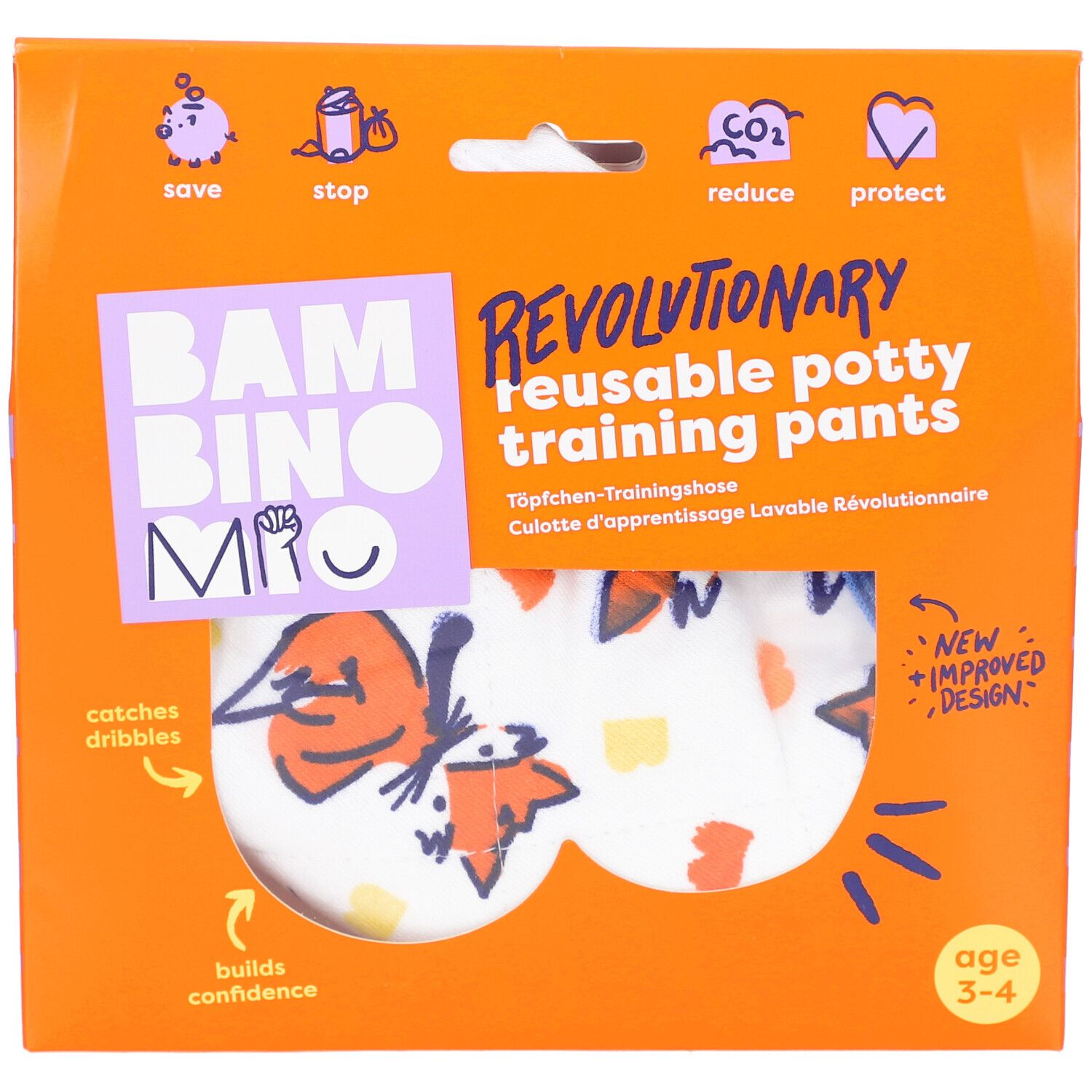 Verpackung mit wiederverwendbarer Töpfchen-Trainingshose. Orangefarbene Verpackung mit Produktnamen und Altersempfehlung 3-4 Jahre.