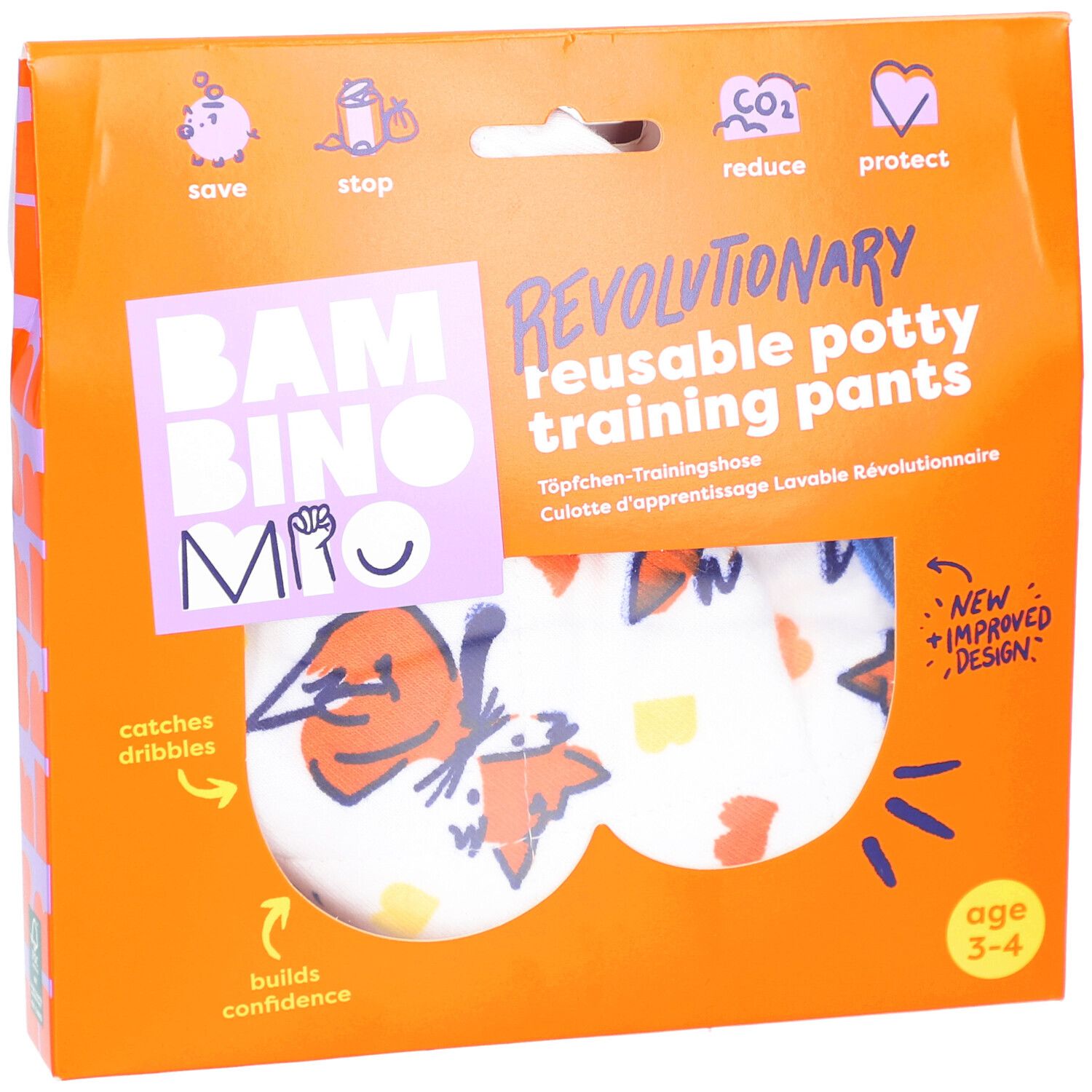 Verpackung mit wiederverwendbarer Töpfchen-Trainingshose. Orangefarbene Verpackung mit Produktnamen und Altersempfehlung 3-4 Jahre.