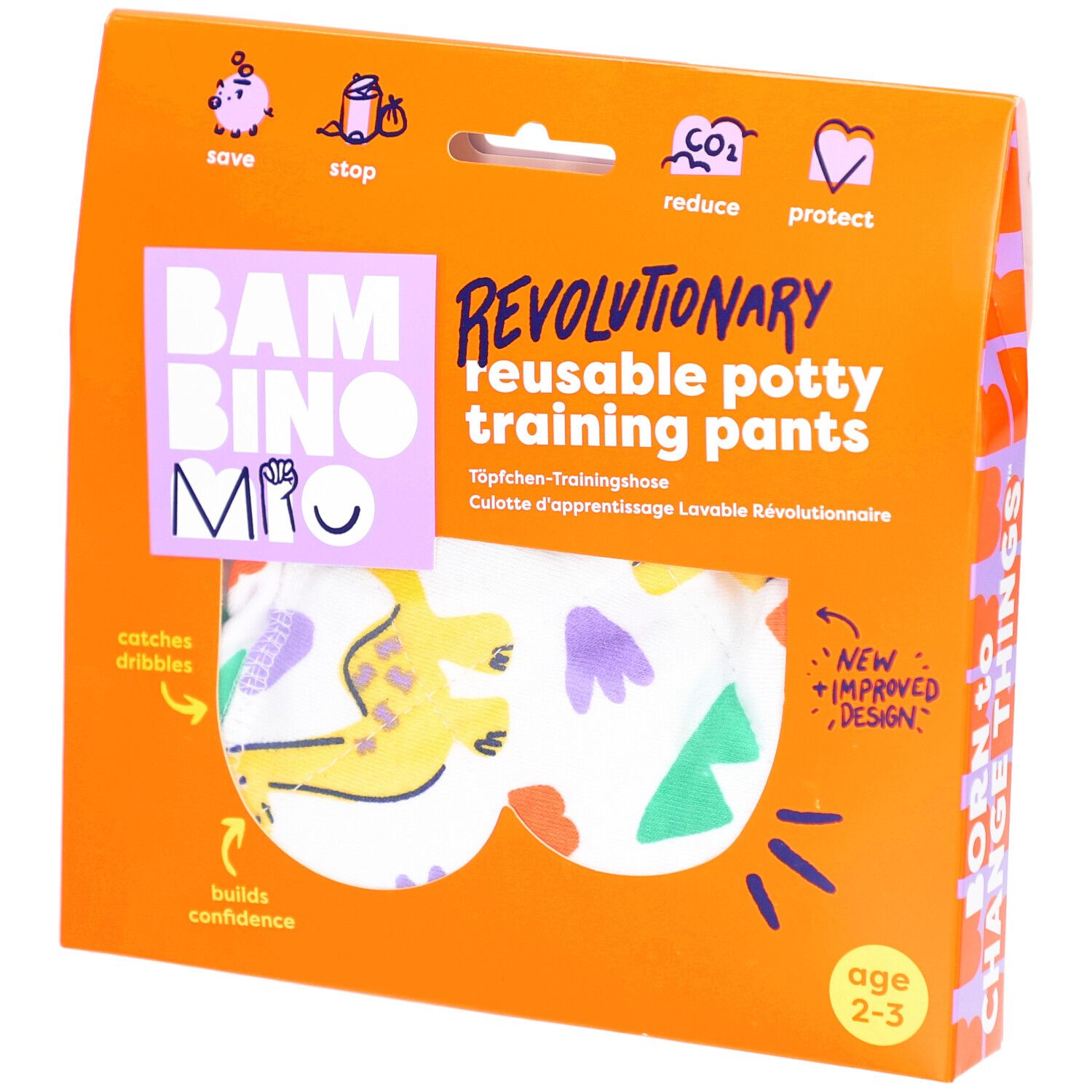 Verpackung mit wiederverwendbarer Töpfchen-Trainingshose. Orangefarben, mit Produktname und Altersempfehlung 2-3 Jahre.
